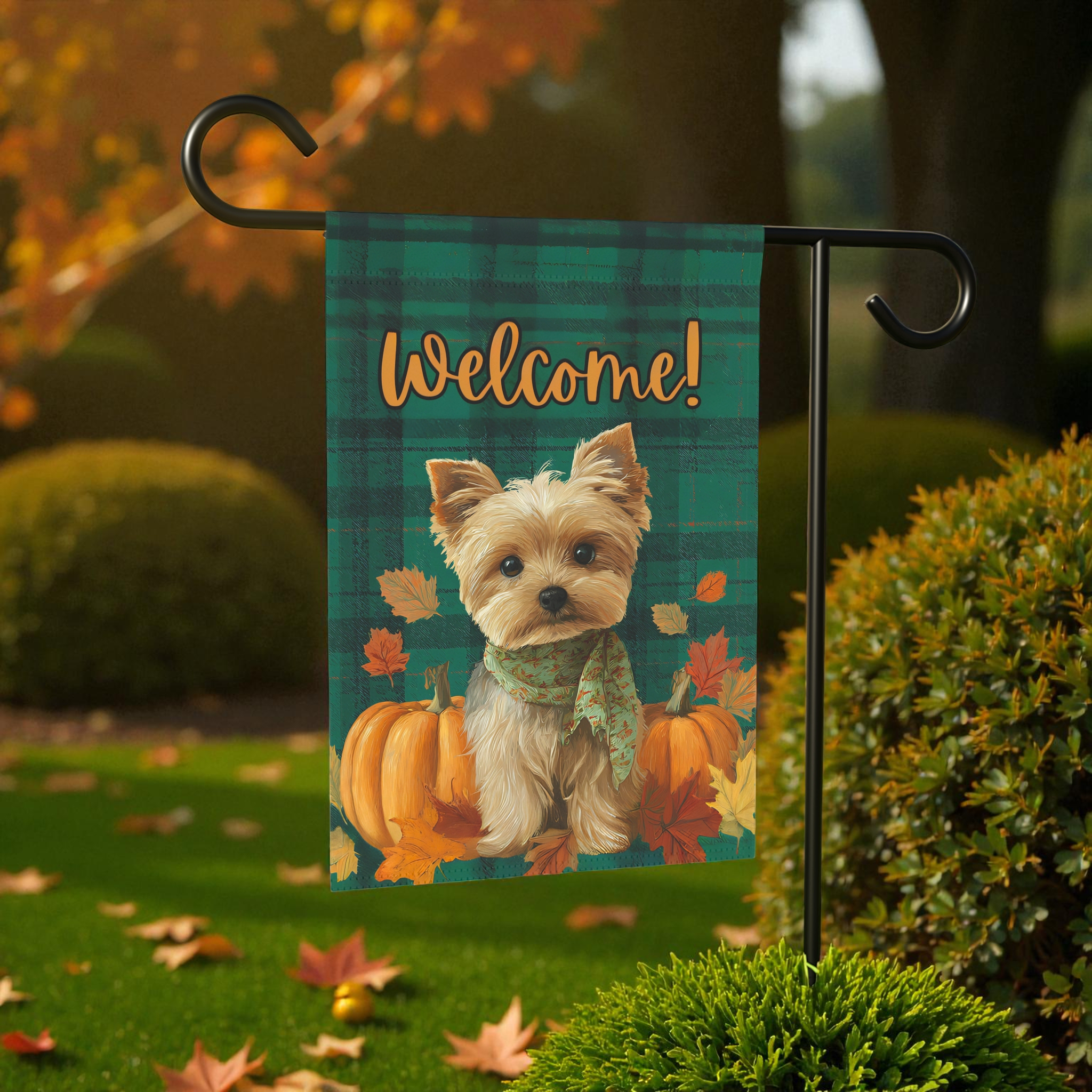 Green Plaid Yorkshire Terrier Fall Garden Flag - front view - Dragonfire Gardens