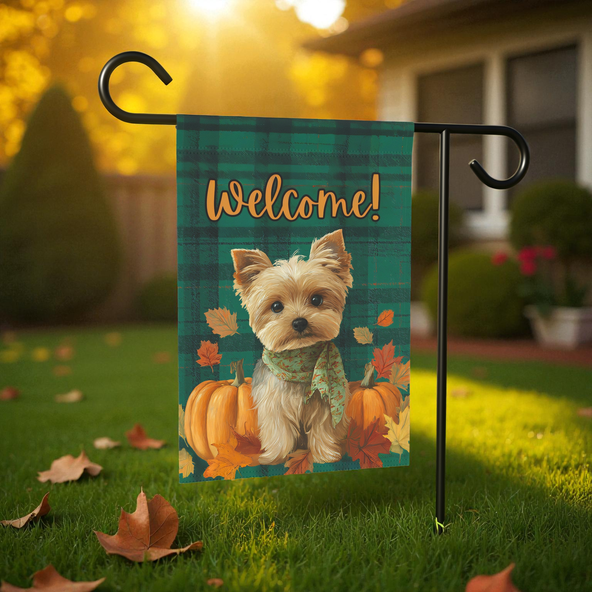 Green Plaid Yorkshire Terrier Fall Garden Flag - lifestyle display - Dragonfire Gardens