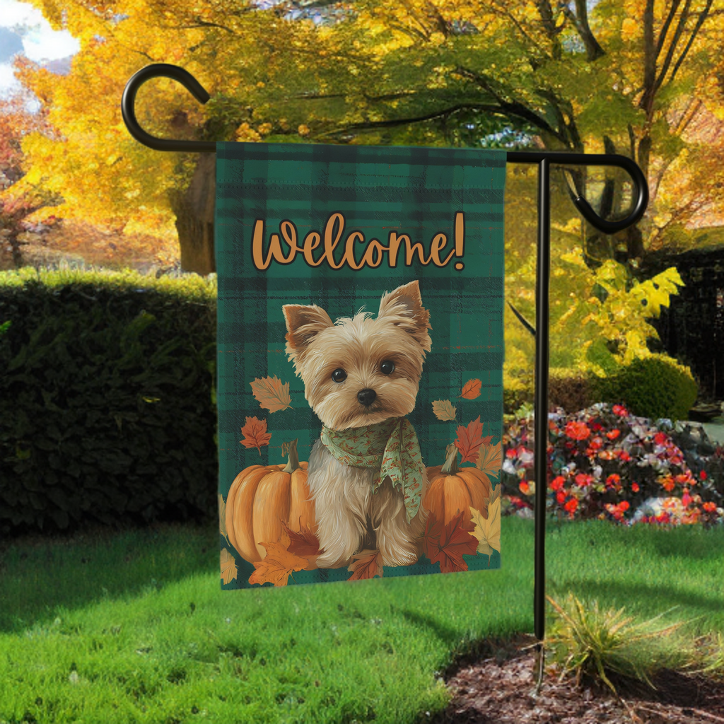 Green Plaid Yorkshire Terrier Fall Garden Flag - product detail - Dragonfire Gardens
