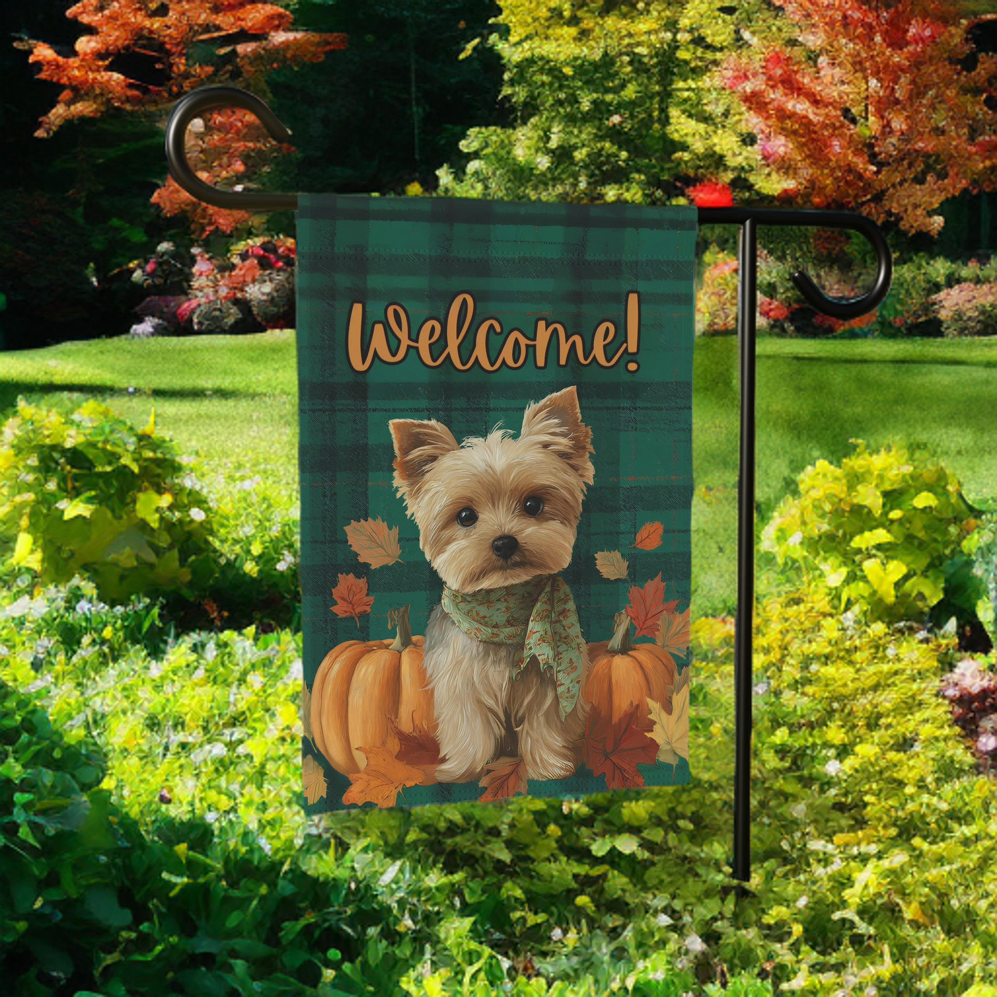 Green Plaid Yorkshire Terrier Fall Garden Flag - banner view - Dragonfire Gardens