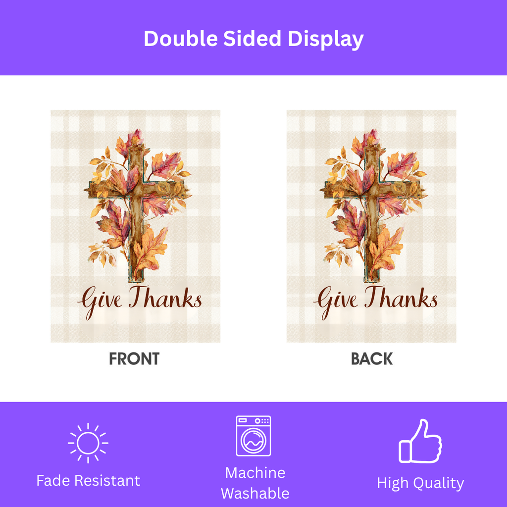 Give Thanks Fall Leaf Cross Garden Flag - double-sided design - Dragonfire Gardens