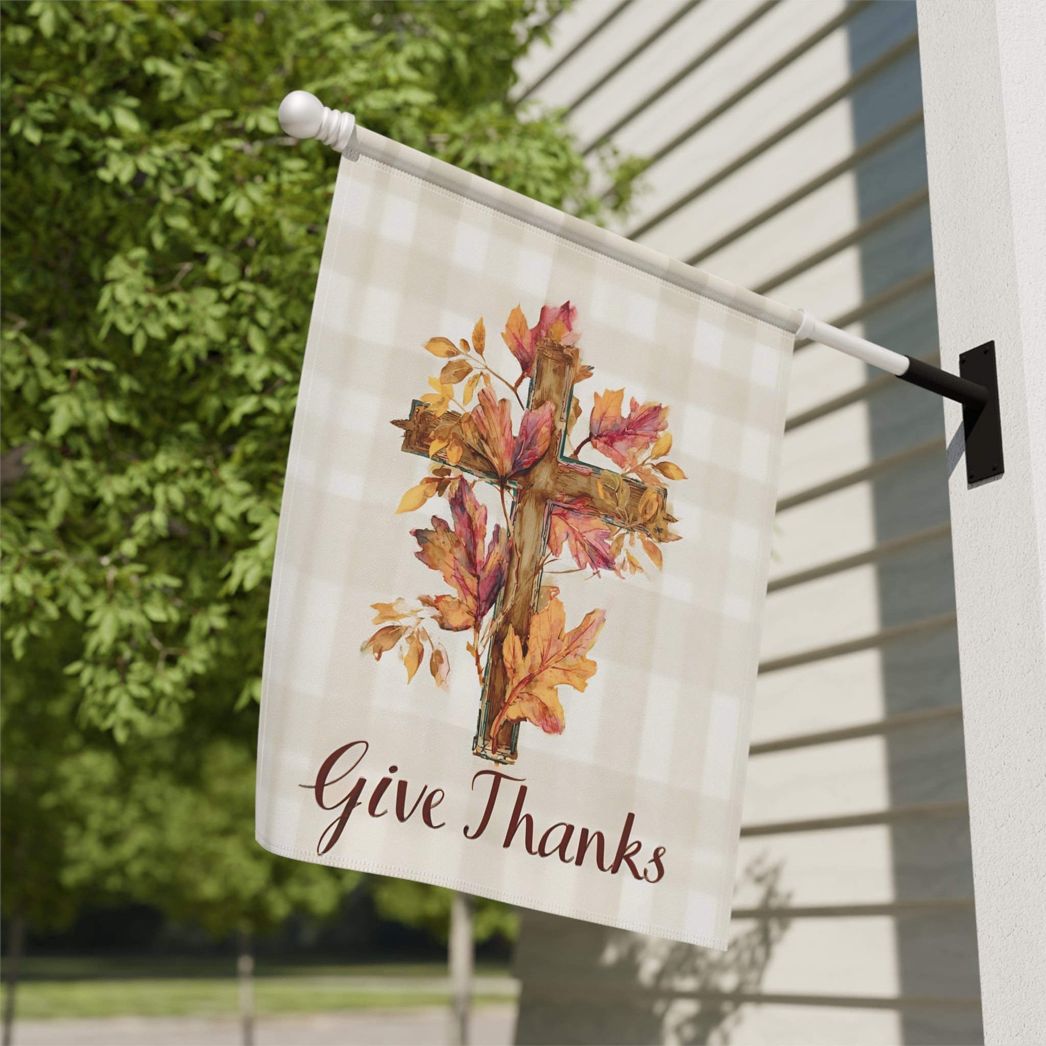 Give Thanks Fall Leaf Cross Garden Flag - close-up detail - Dragonfire Gardens