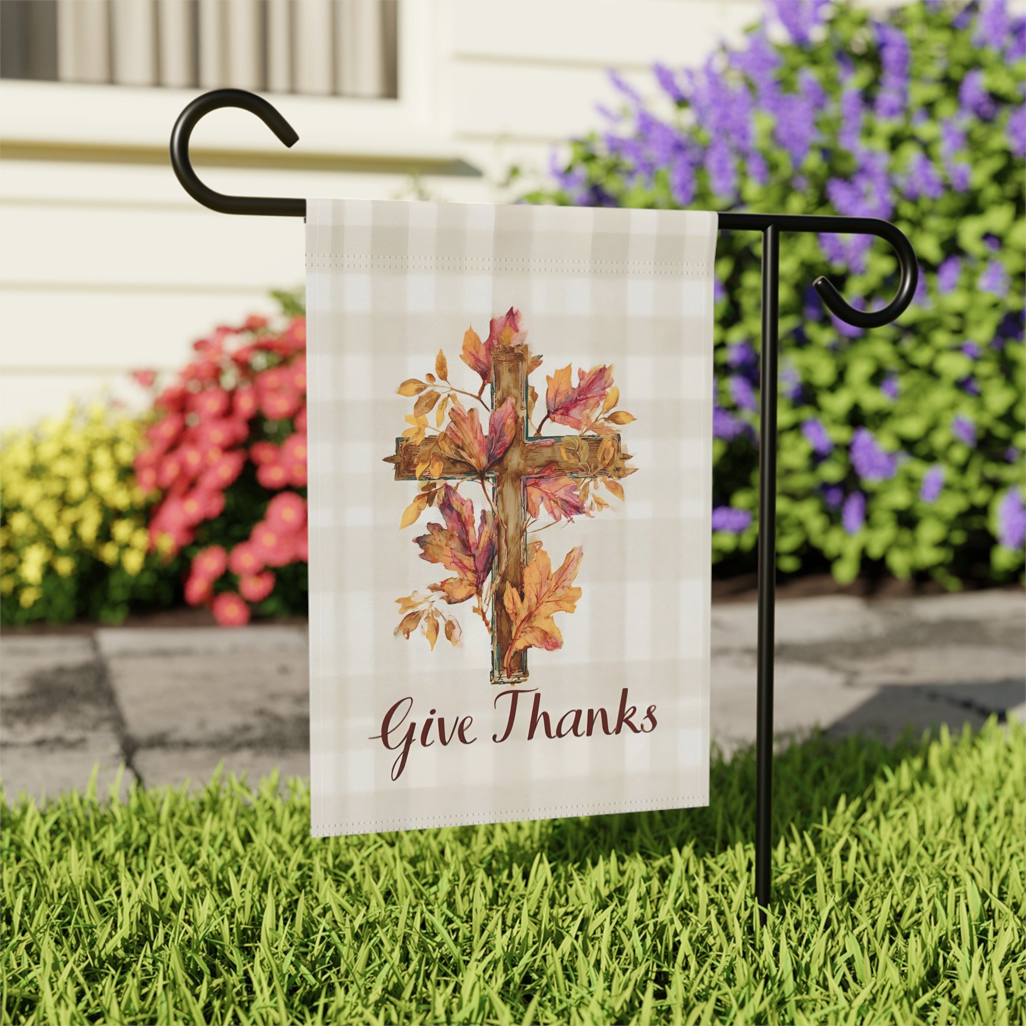 Give Thanks Fall Leaf Cross Garden Flag - outdoor display - Dragonfire Gardens