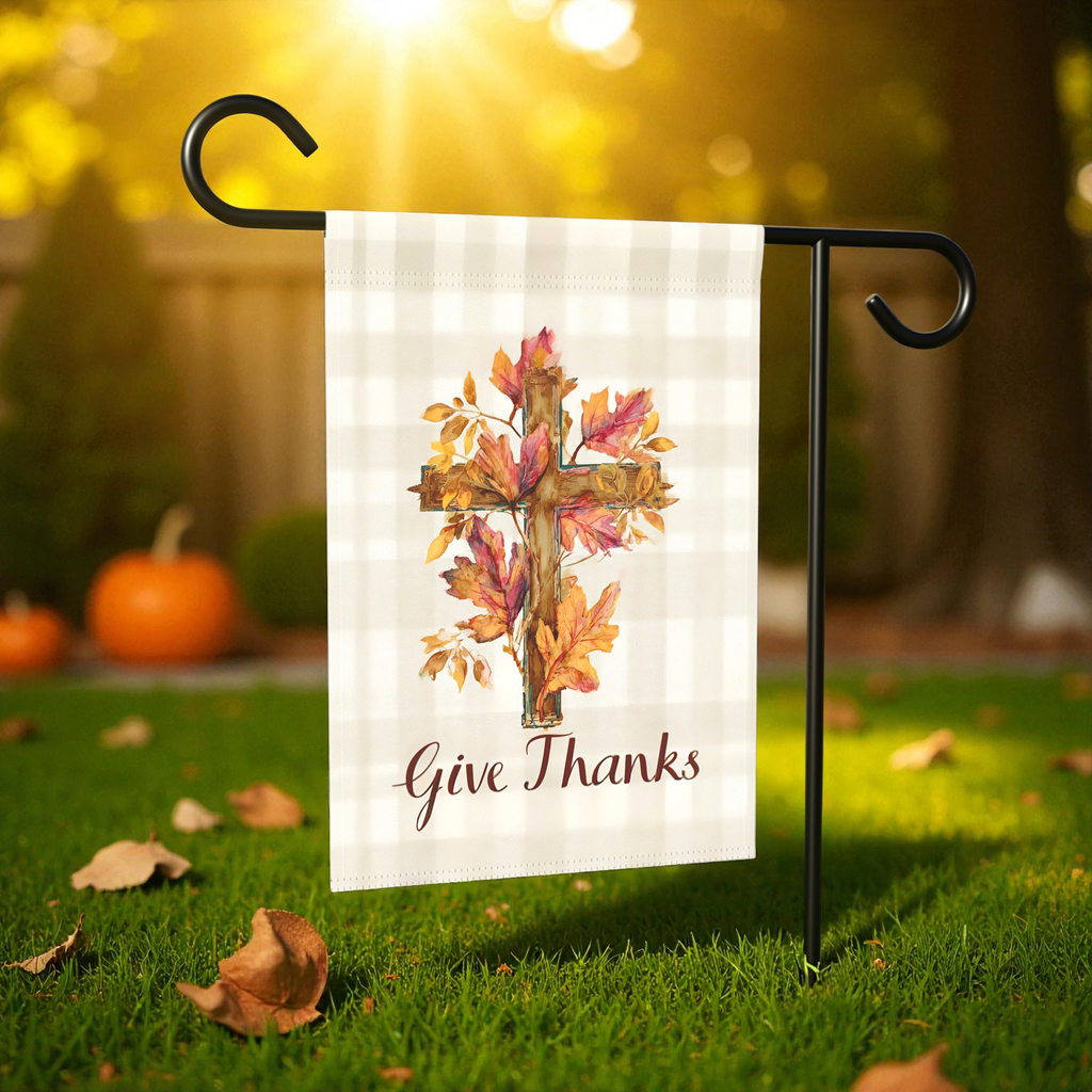 Give Thanks Fall Leaf Cross Garden Flag - size comparison - Dragonfire Gardens