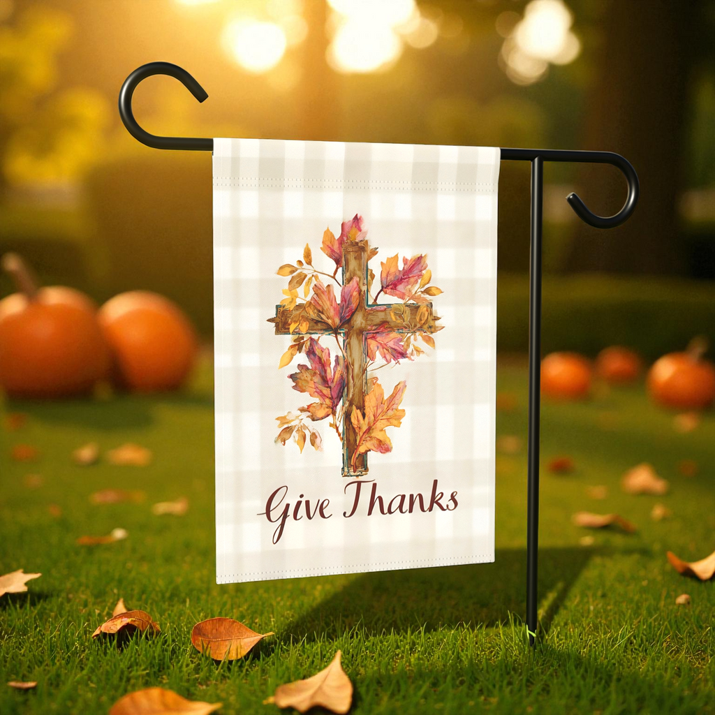 Give Thanks Fall Leaf Cross Garden Flag - front view - Dragonfire Gardens