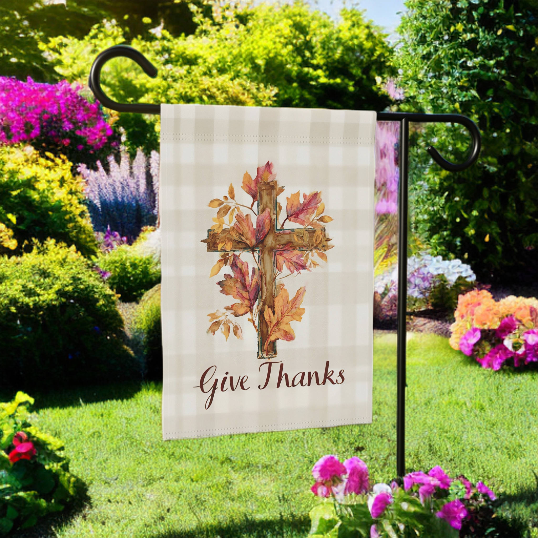 Give Thanks Fall Leaf Cross Garden Flag - lifestyle display - Dragonfire Gardens
