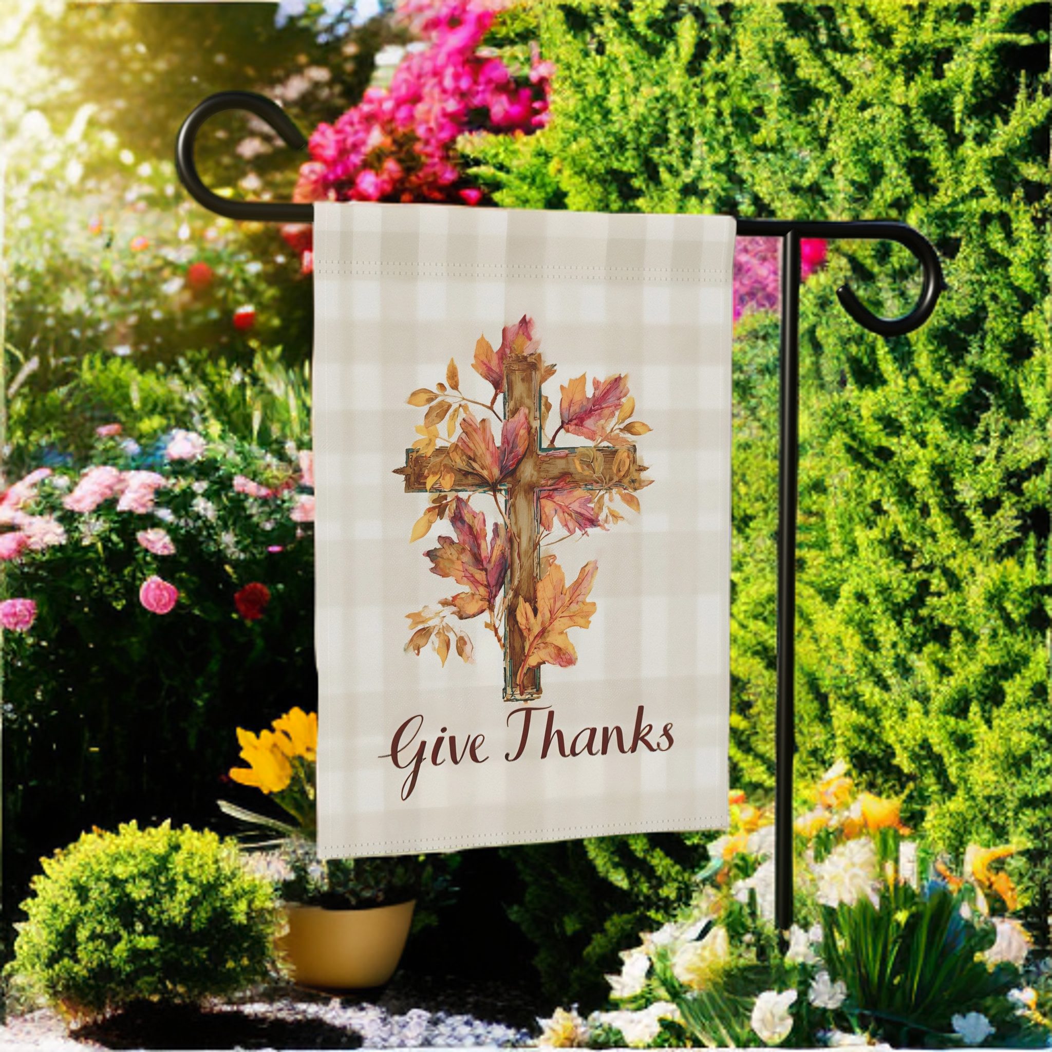 Give Thanks Fall Leaf Cross Garden Flag - product detail - Dragonfire Gardens