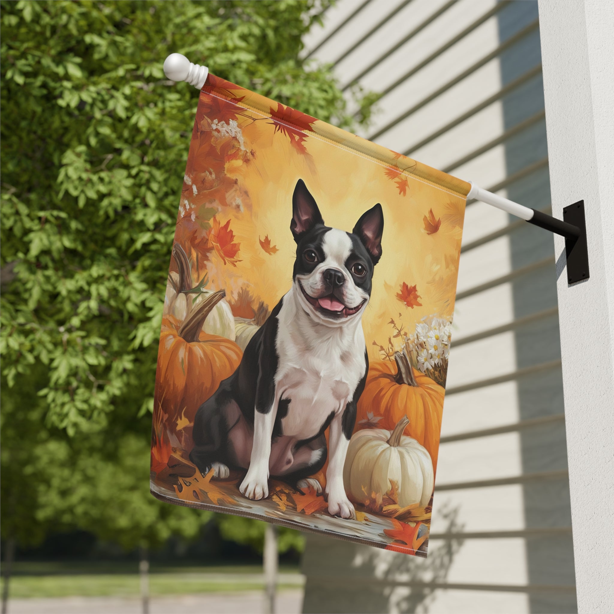 Boston Terrier and Pumpkins Fall Garden Flag - close-up detail - Dragonfire Gardens
