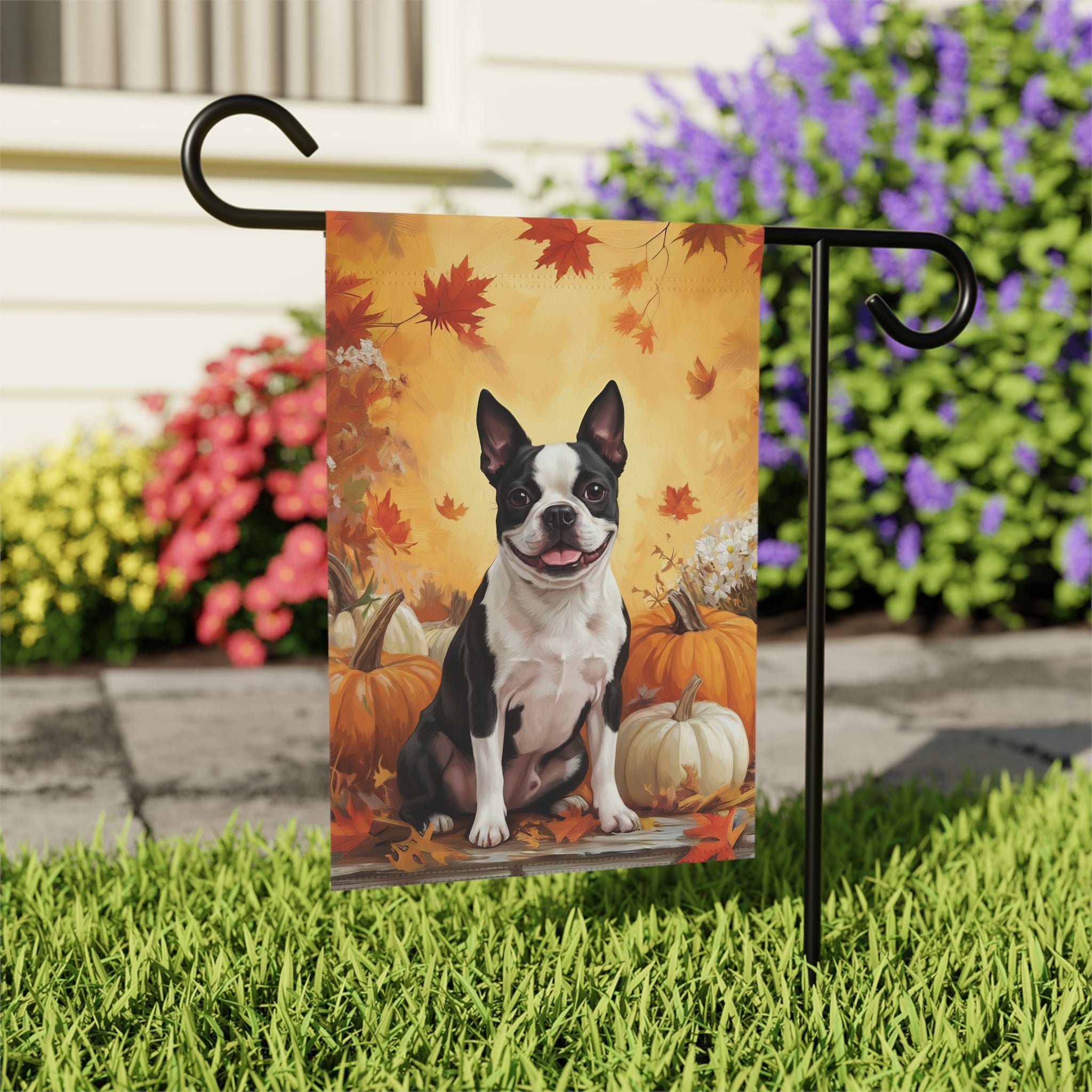 Boston Terrier and Pumpkins Fall Garden Flag - outdoor display - Dragonfire Gardens