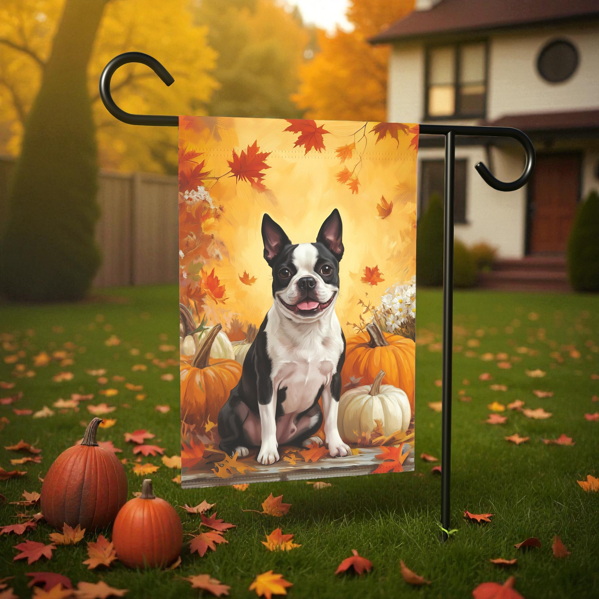 Boston Terrier and Pumpkins Fall Garden Flag - front view - Dragonfire Gardens