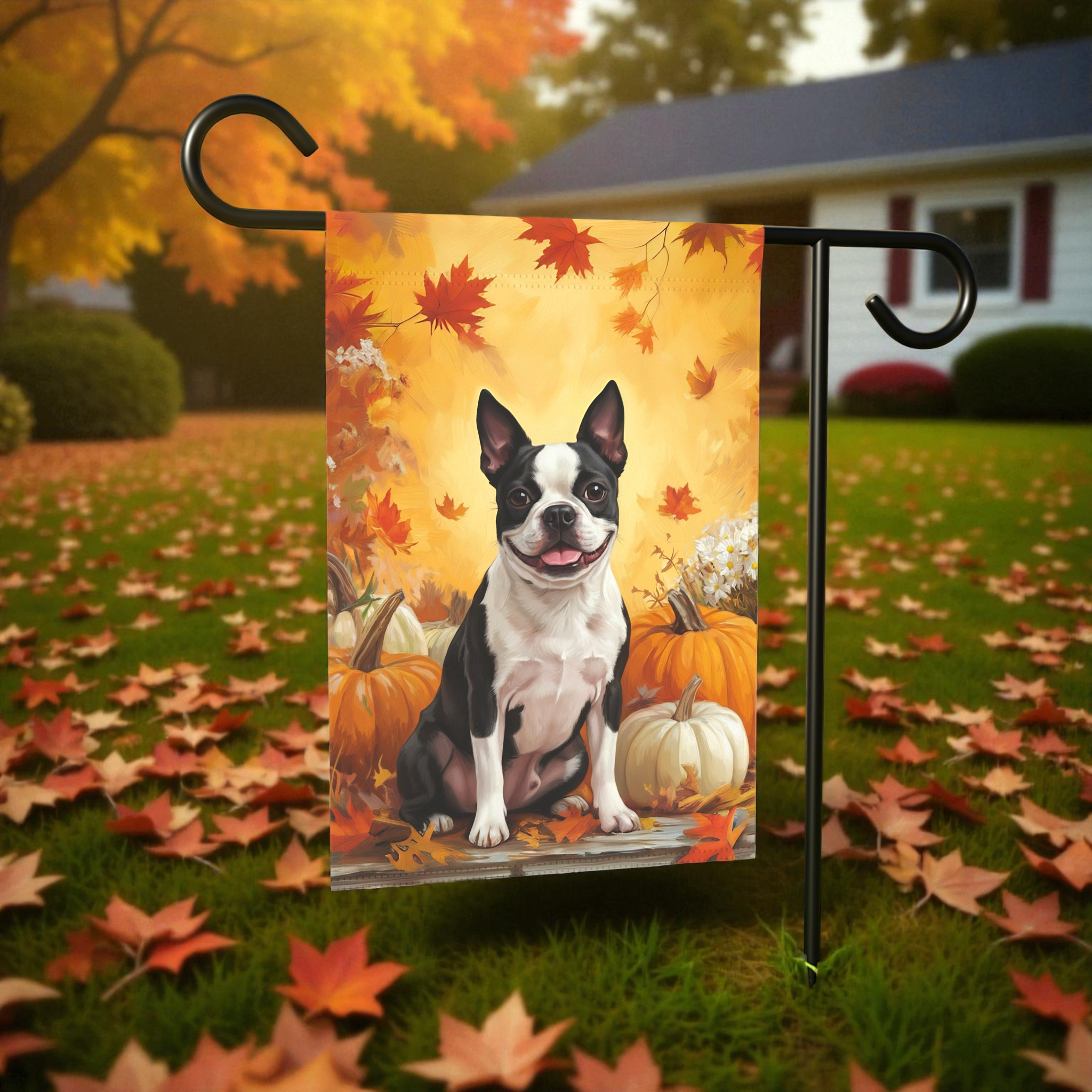 Boston Terrier and Pumpkins Fall Garden Flag - size comparison - Dragonfire Gardens