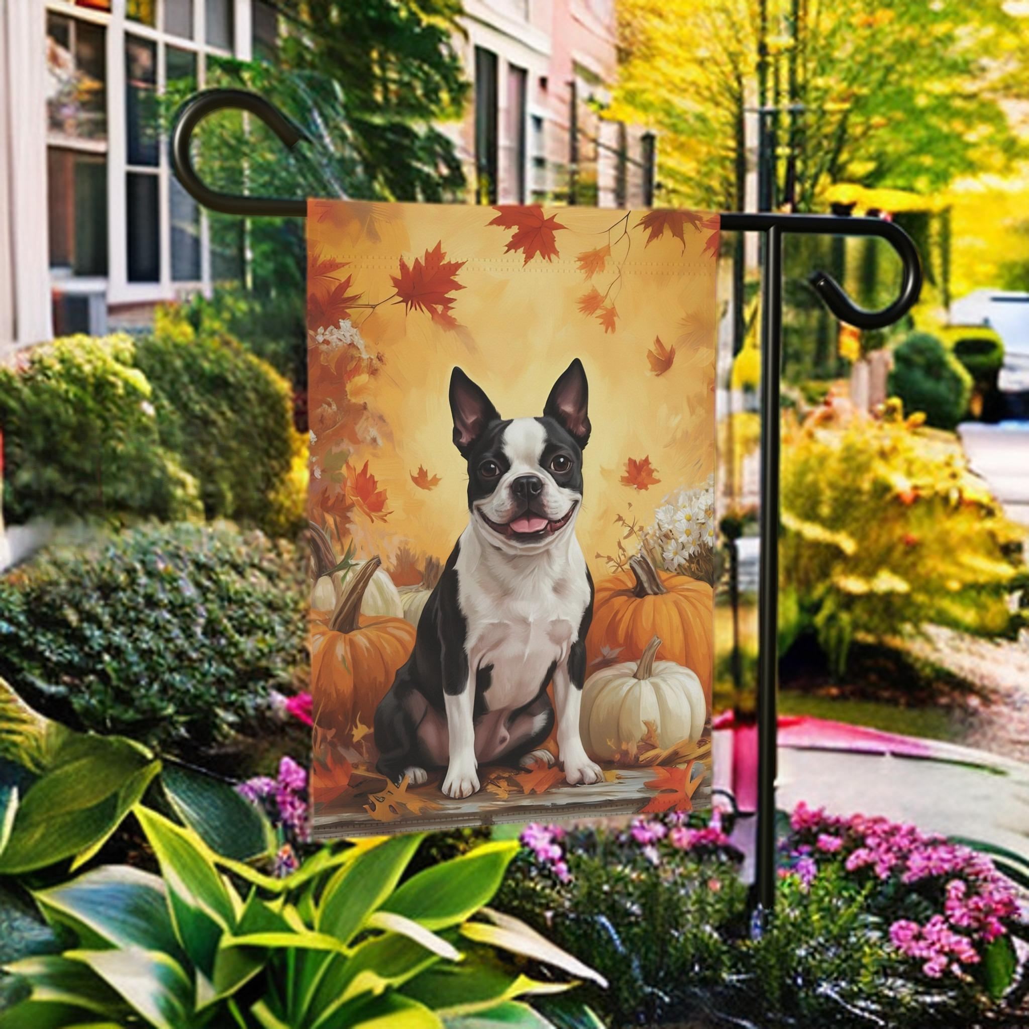Boston Terrier and Pumpkins Fall Garden Flag - lifestyle display - Dragonfire Gardens