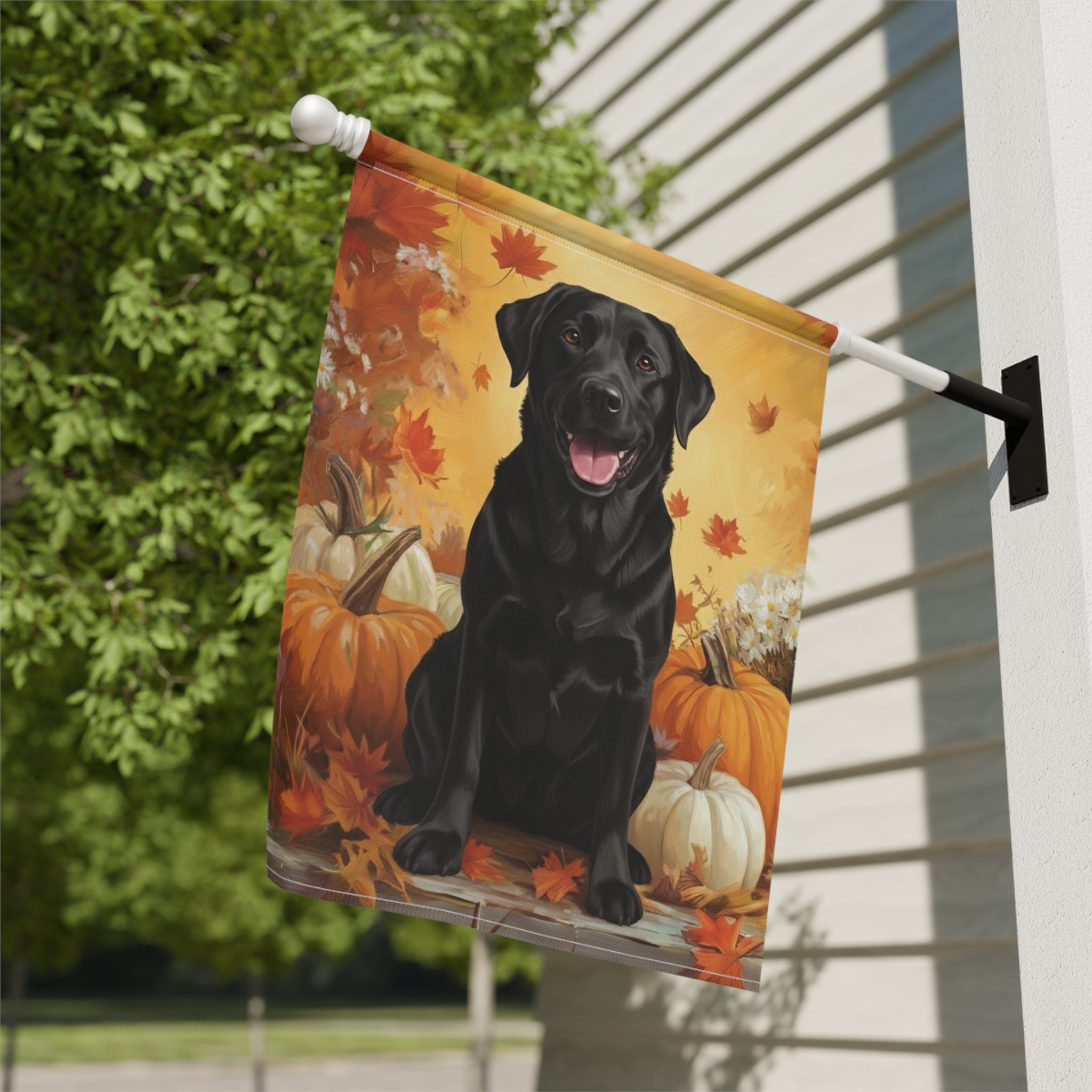 Black Labrador Retriever and Pumpkins Fall Garden Flag - close-up detail - Dragonfire Gardens