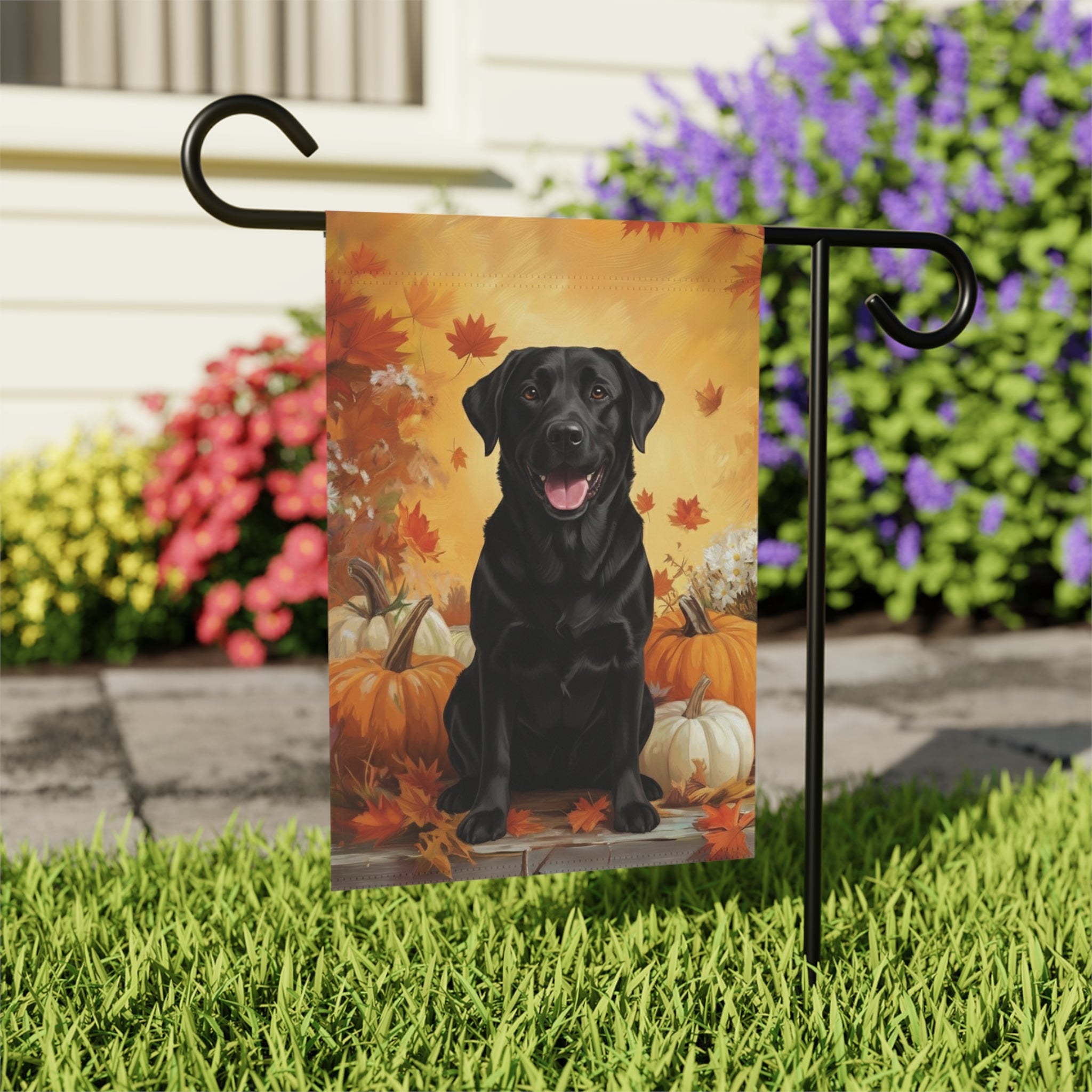 Black Labrador Retriever and Pumpkins Fall Garden Flag - outdoor display - Dragonfire Gardens