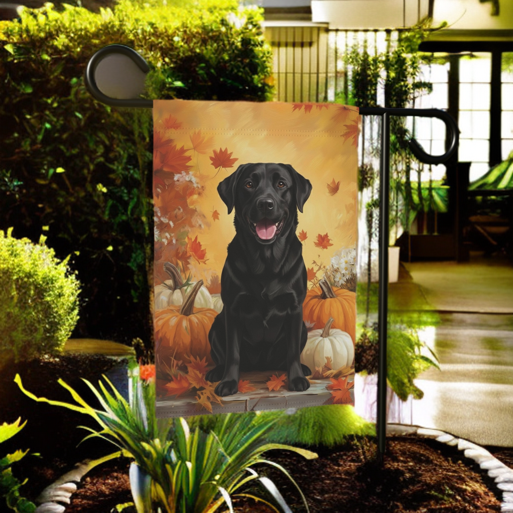 Black Labrador Retriever and Pumpkins Fall Garden Flag - front view - Dragonfire Gardens