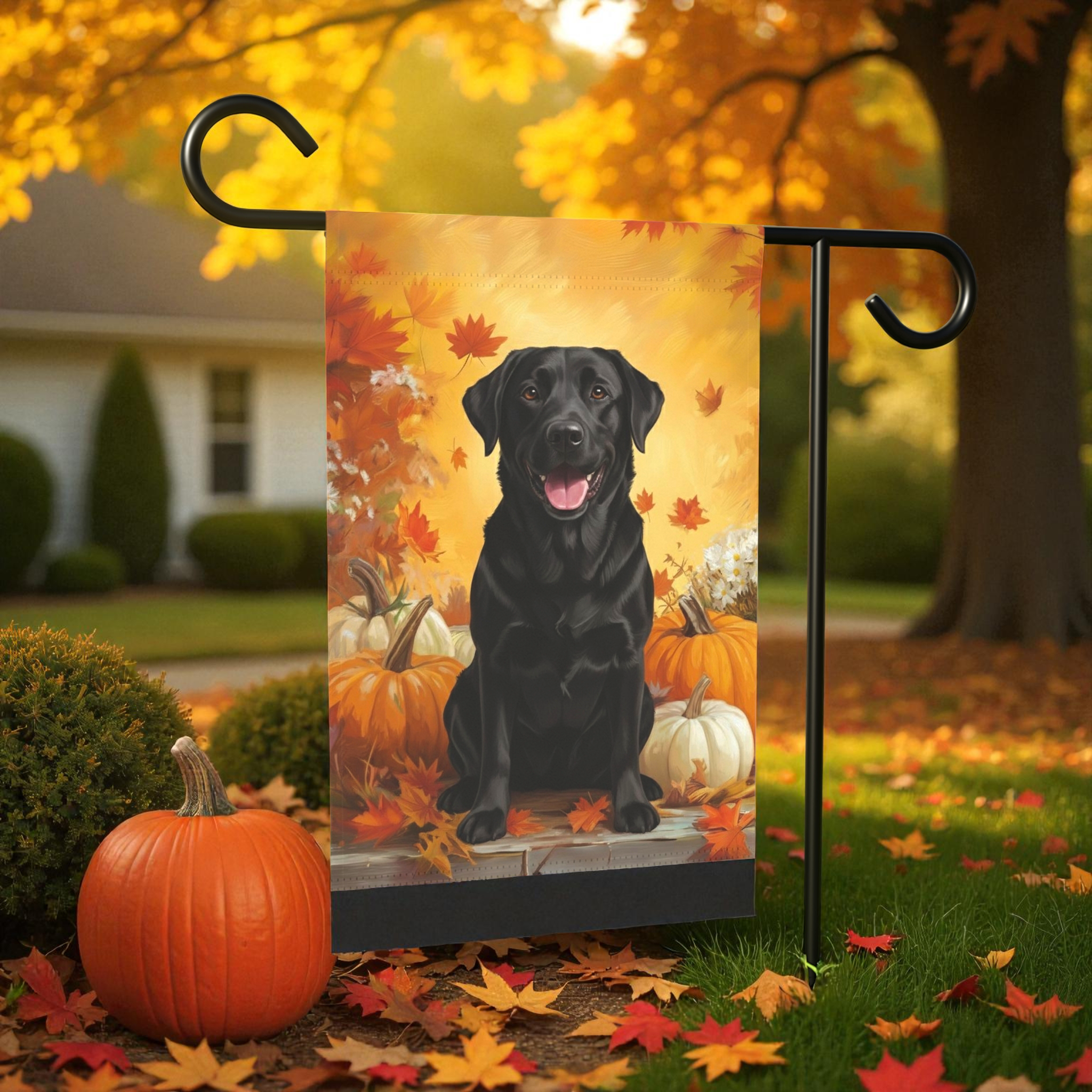 Black Labrador Retriever and Pumpkins Fall Garden Flag - banner view - Dragonfire Gardens