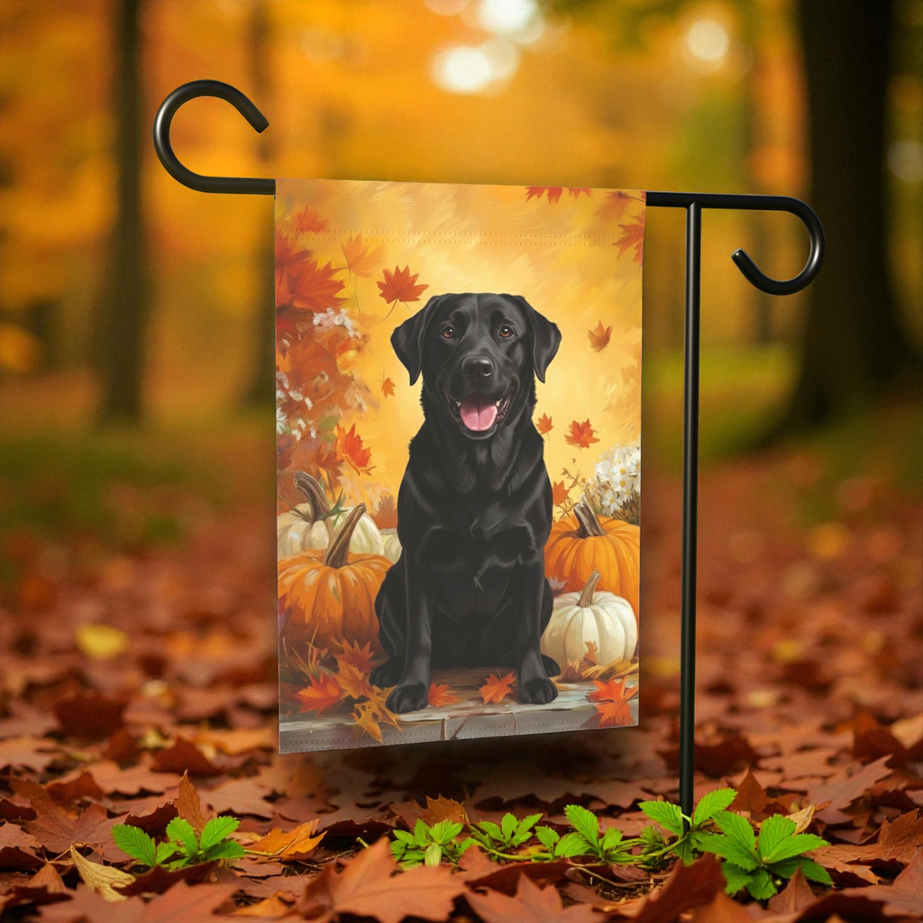 Black Labrador Retriever and Pumpkins Fall Garden Flag - product detail - Dragonfire Gardens