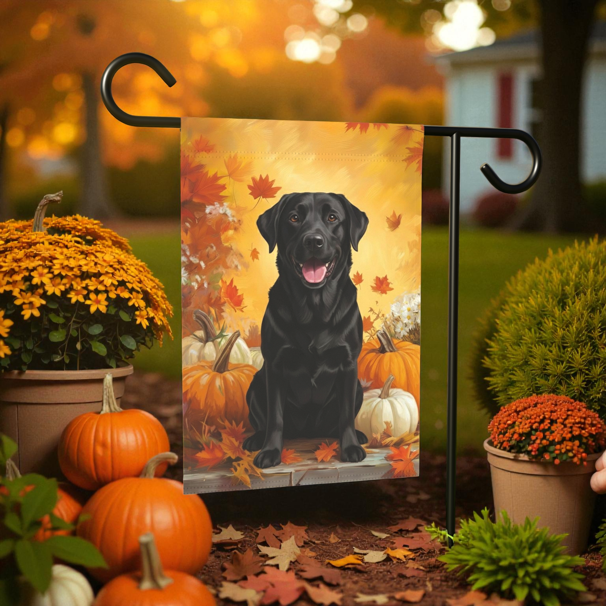 Black Labrador Retriever and Pumpkins Fall Garden Flag - lifestyle display - Dragonfire Gardens