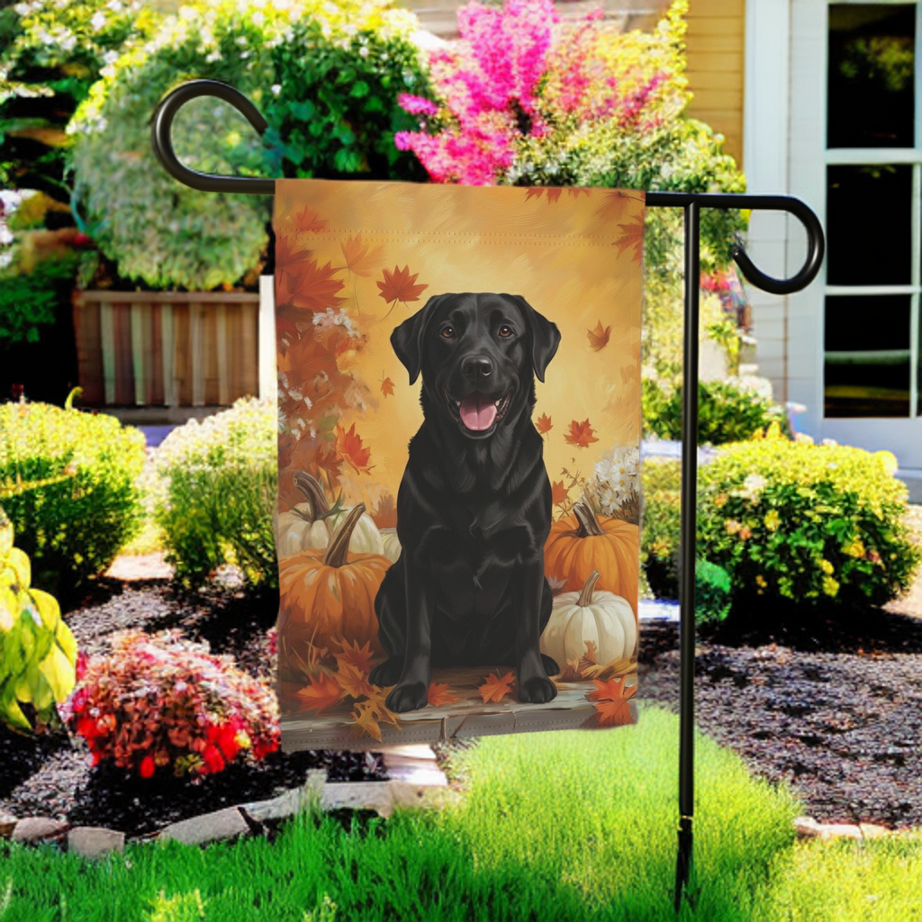 Black Labrador Retriever and Pumpkins Fall Garden Flag - size comparison - Dragonfire Gardens