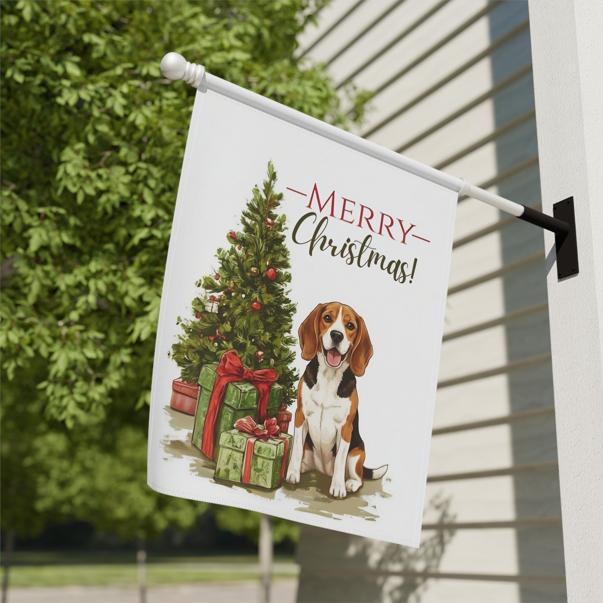 Beagle and Presents Christmas Garden Flag - close-up detail - Dragonfire Gardens