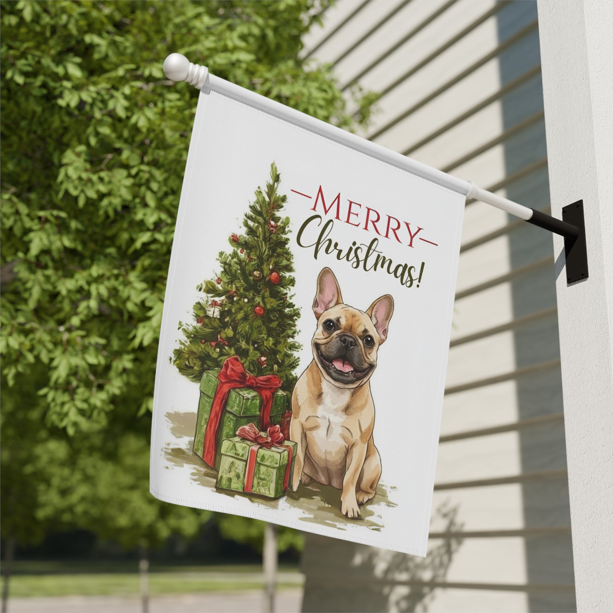 French Bulldog and Presents Christmas Garden Flag - close-up detail - Dragonfire Gardens