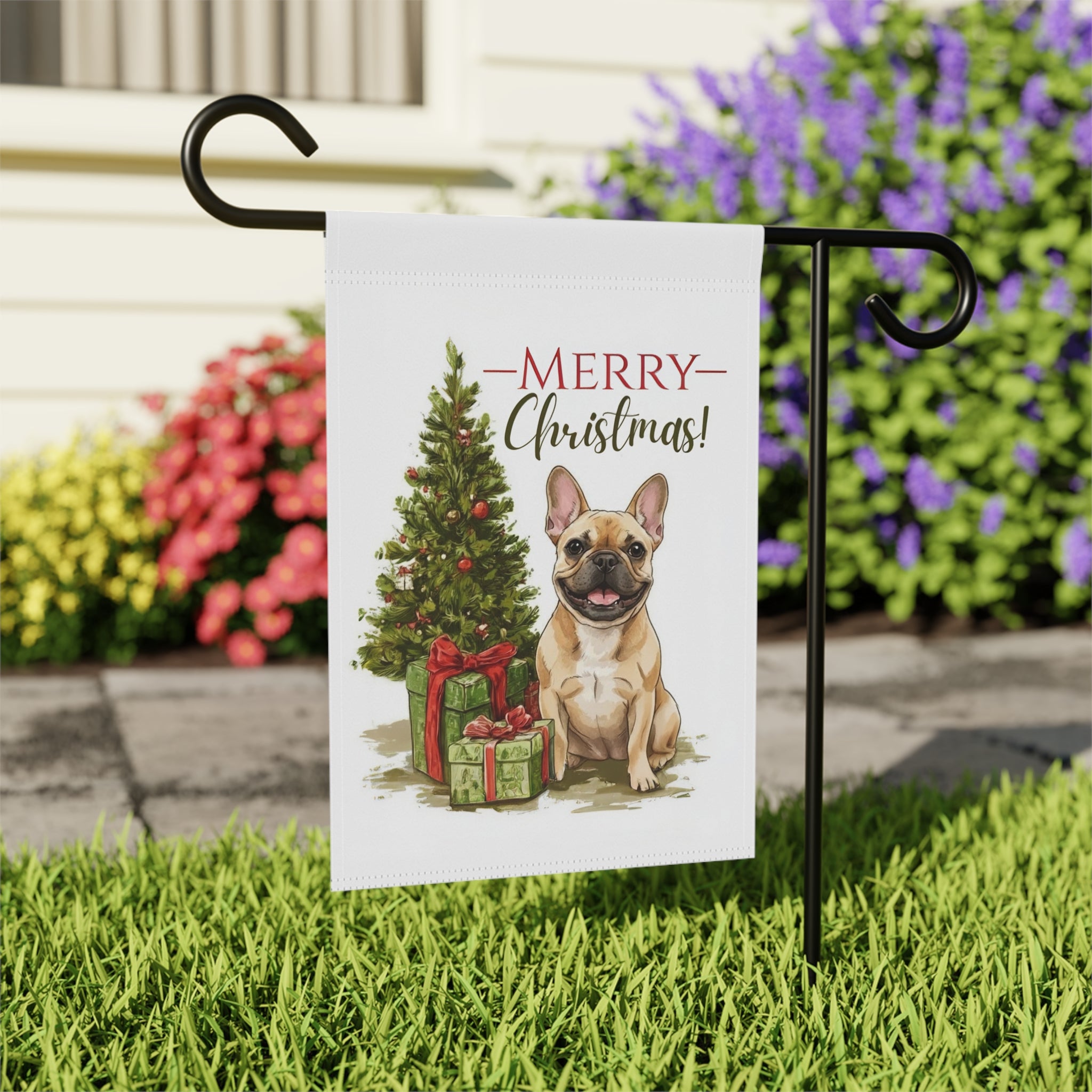 French Bulldog and Presents Christmas Garden Flag - outdoor display - Dragonfire Gardens