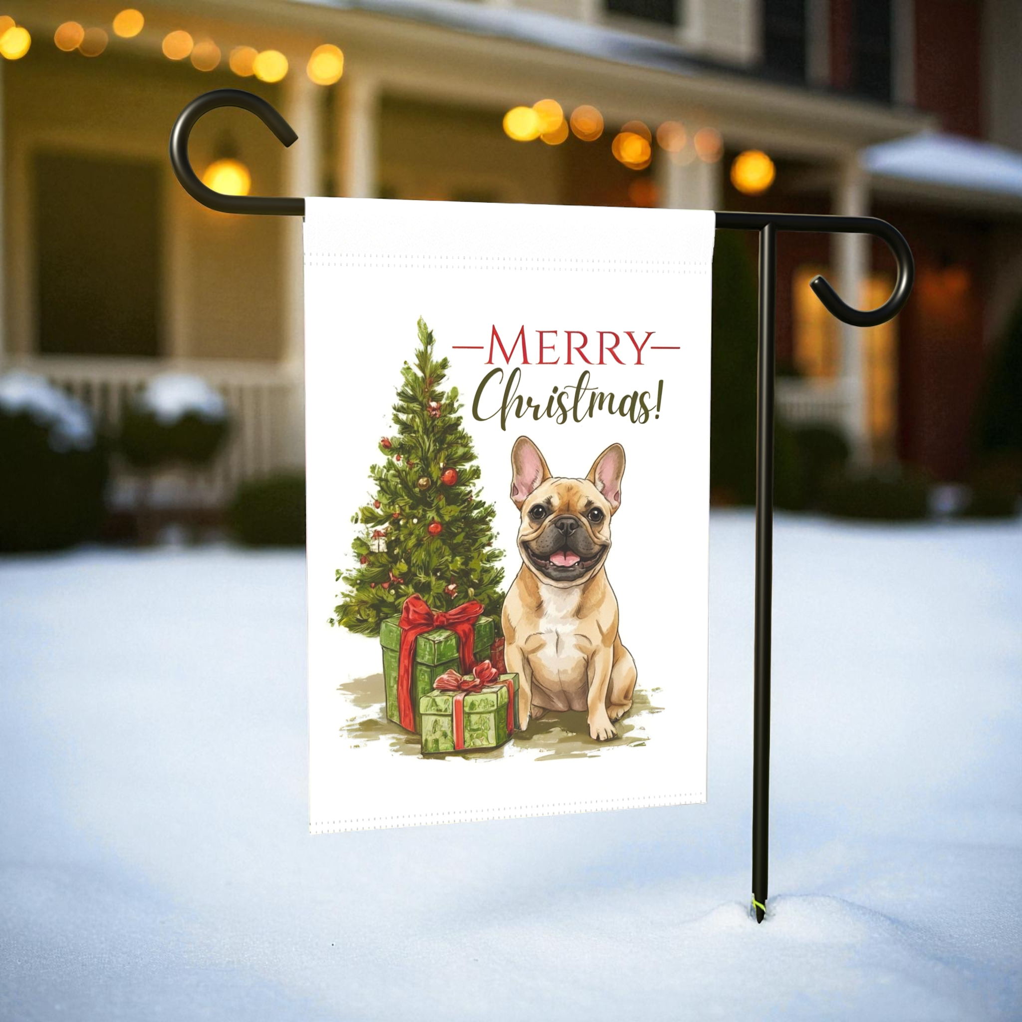 French Bulldog and Presents Christmas Garden Flag - size comparison - Dragonfire Gardens
