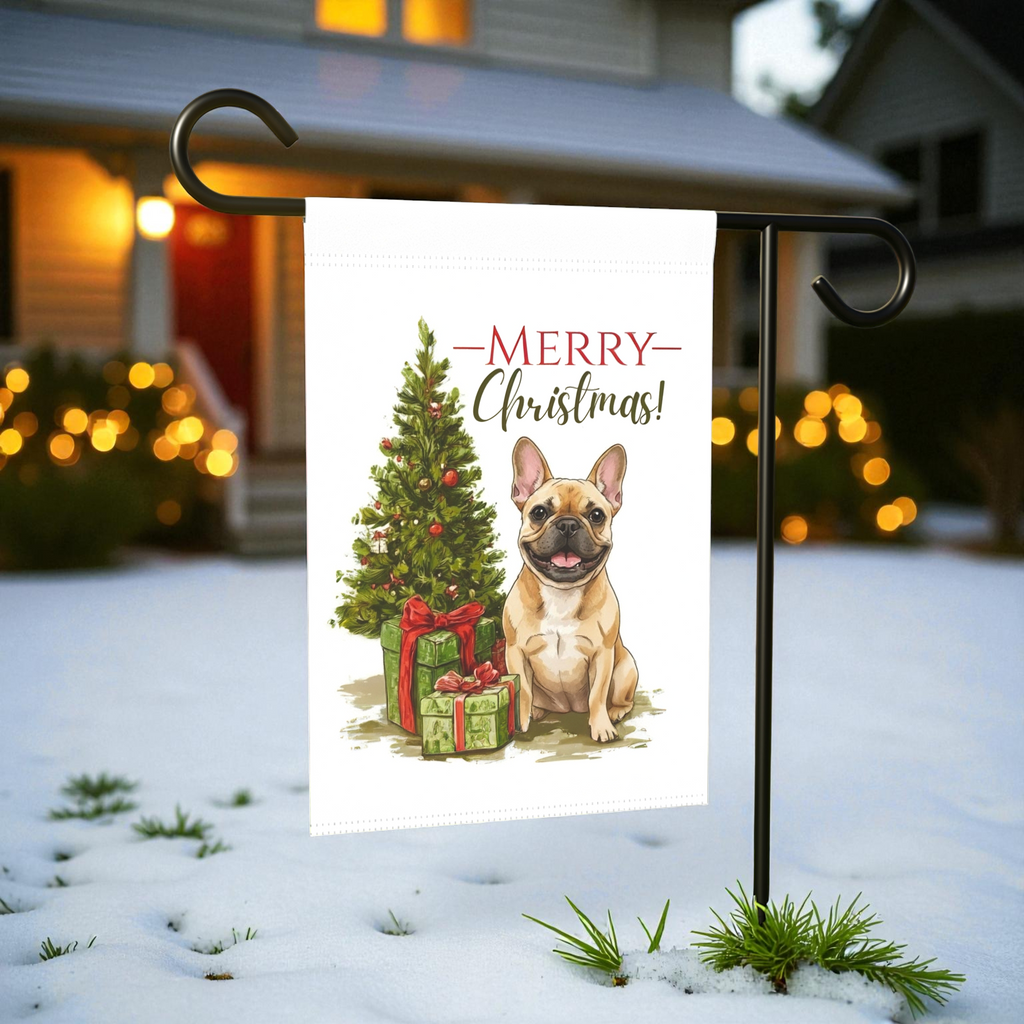 French Bulldog and Presents Christmas Garden Flag - lifestyle display - Dragonfire Gardens