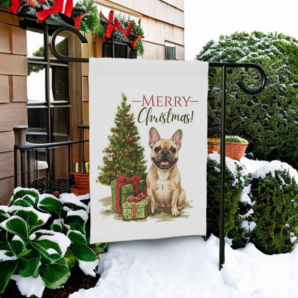 French Bulldog and Presents Christmas Garden Flag - product detail - Dragonfire Gardens