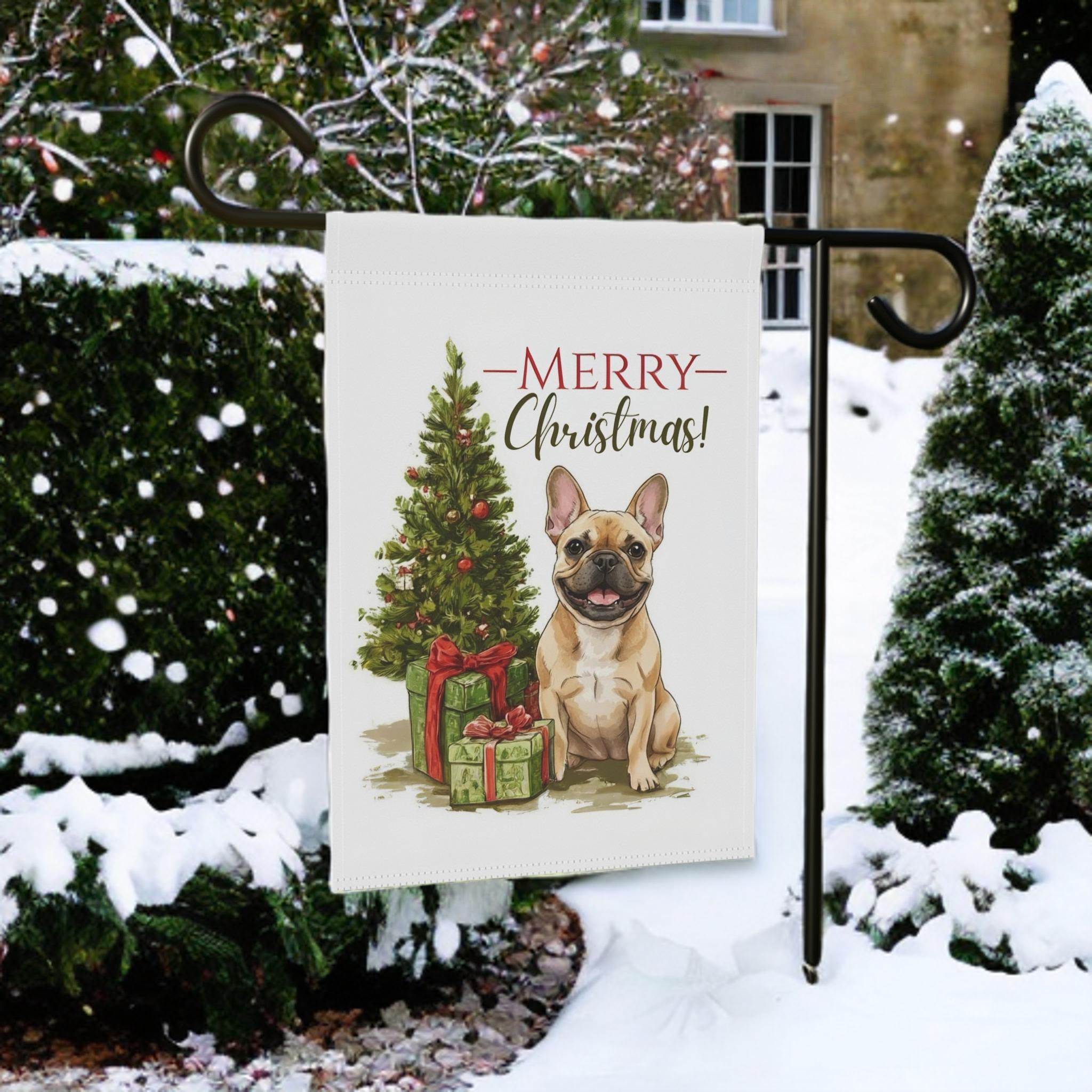 French Bulldog and Presents Christmas Garden Flag - front view - Dragonfire Gardens