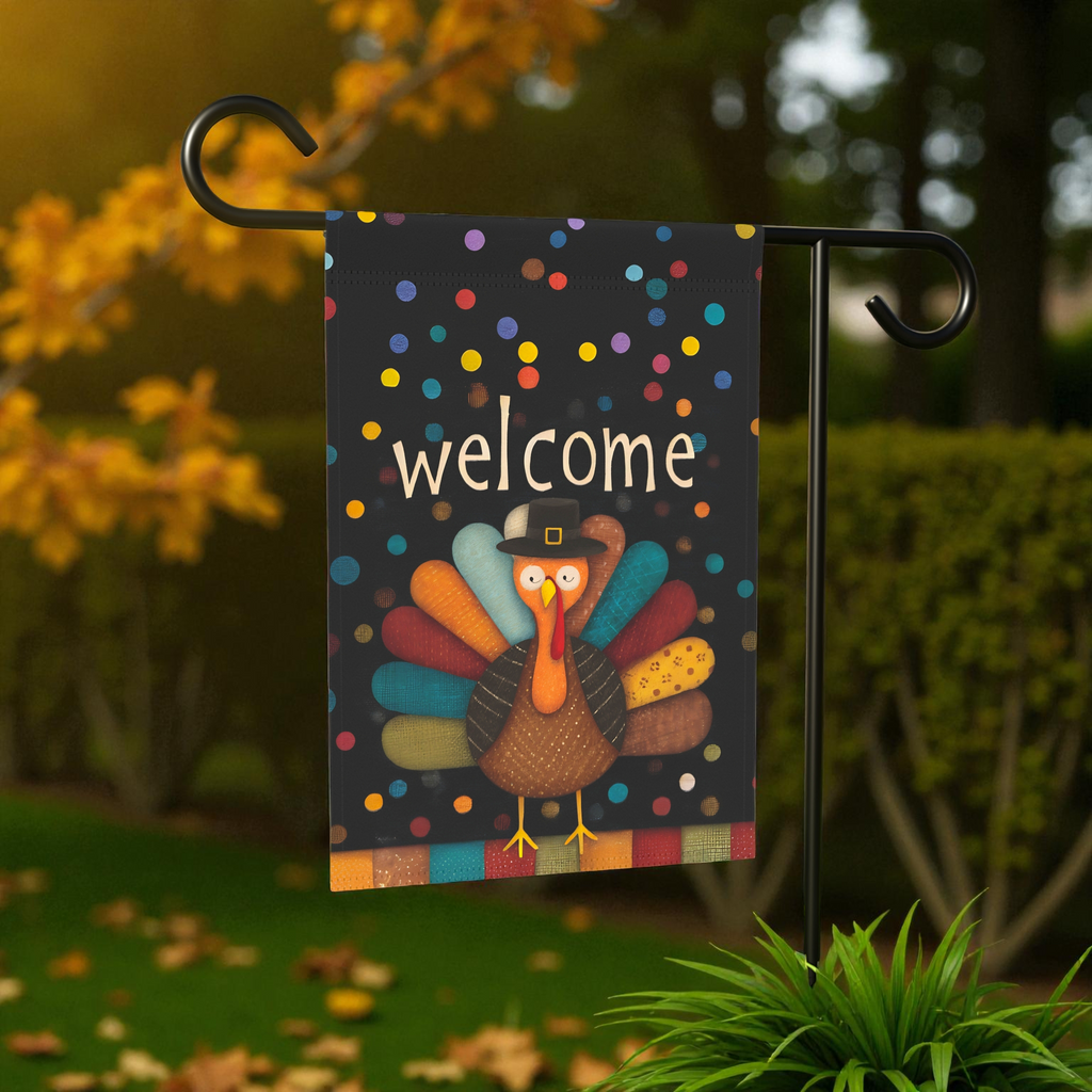 Welcome Turkey Thanksgiving Garden Flag - size comparison - Dragonfire Gardens