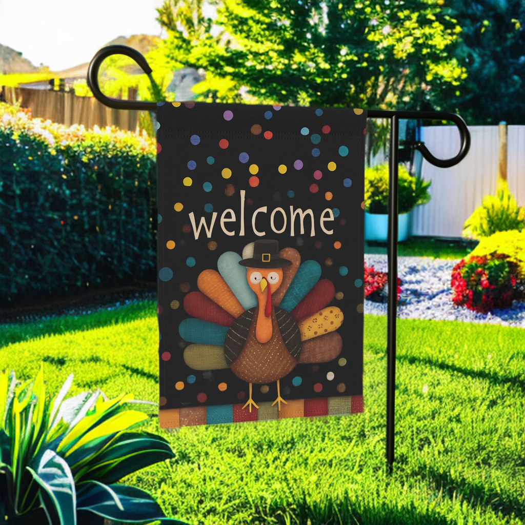 Welcome Turkey Thanksgiving Garden Flag - front view - Dragonfire Gardens