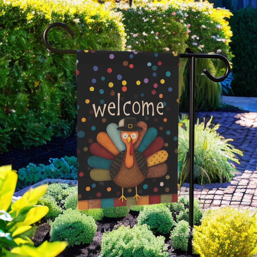 Welcome Turkey Thanksgiving Garden Flag - lifestyle display - Dragonfire Gardens