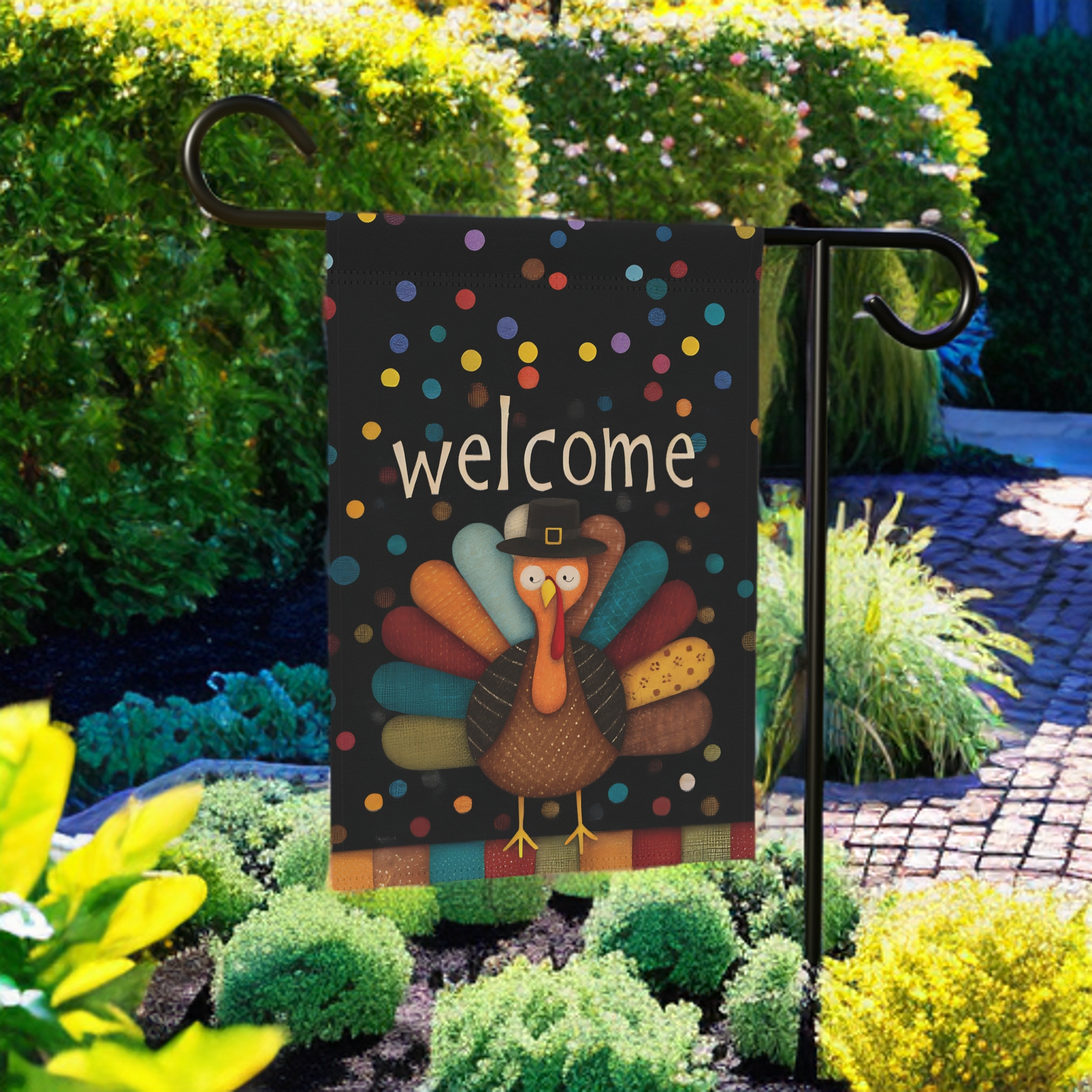 Welcome Turkey Thanksgiving Garden Flag - lifestyle display - Dragonfire Gardens