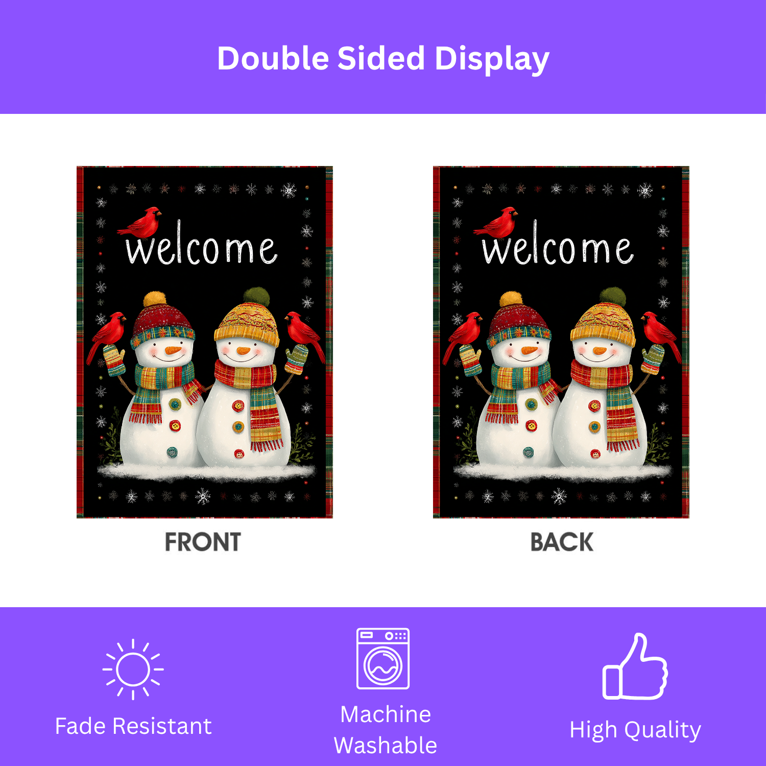 Two Snowman Winter Welcome Garden Flag - double-sided design - Dragonfire Gardens