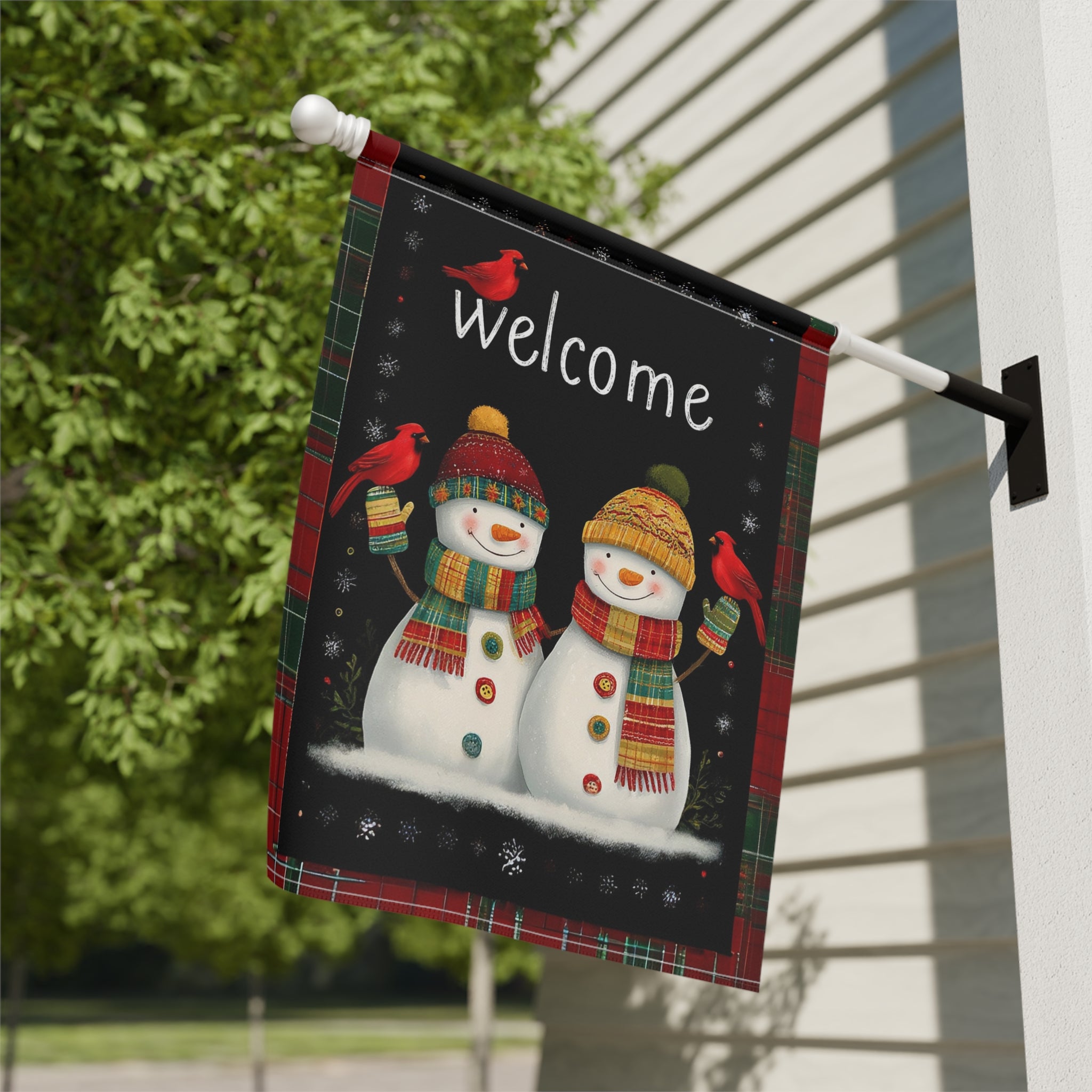 Two Snowman Winter Welcome Garden Flag - close-up detail - Dragonfire Gardens