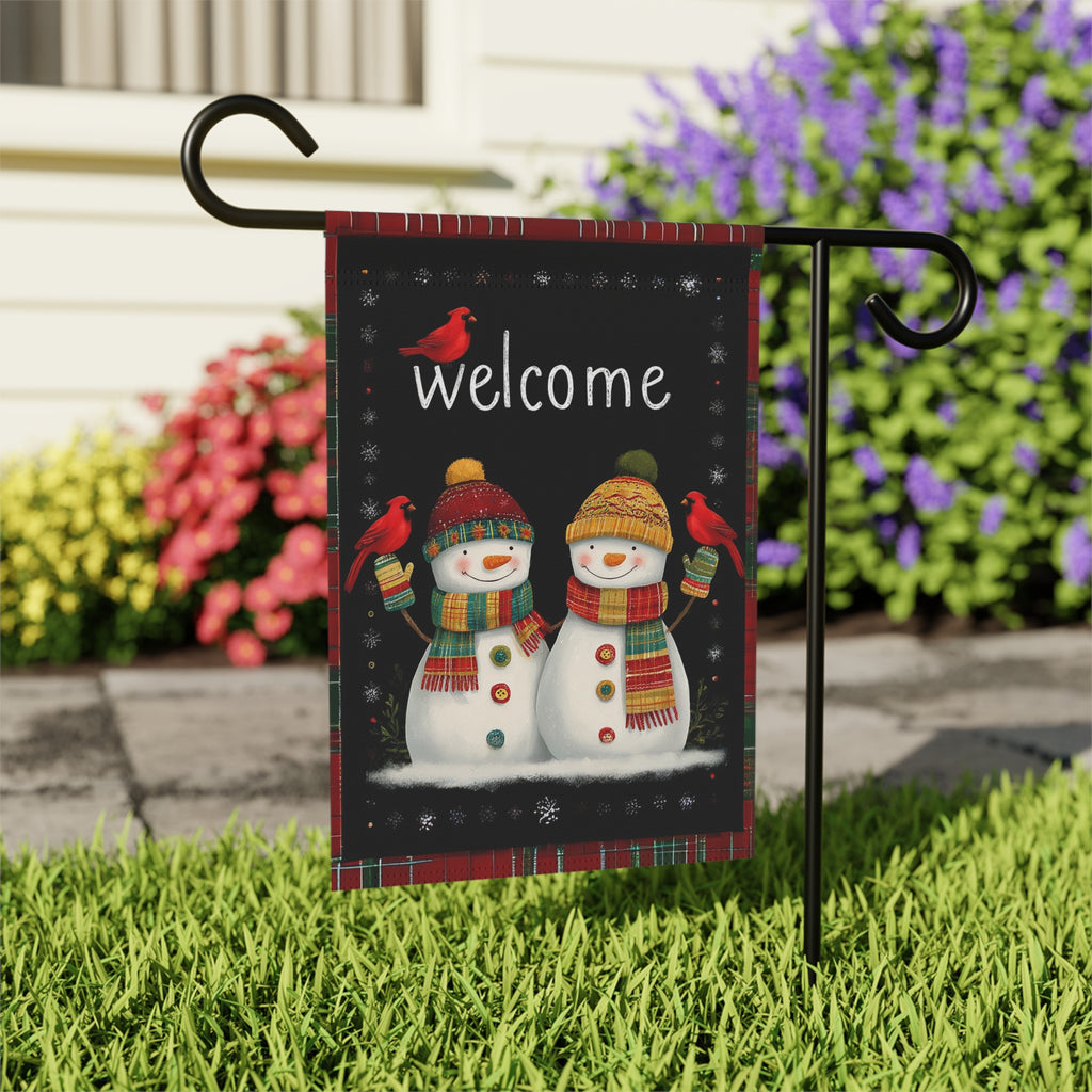 Two Snowman Winter Welcome Garden Flag - outdoor display - Dragonfire Gardens