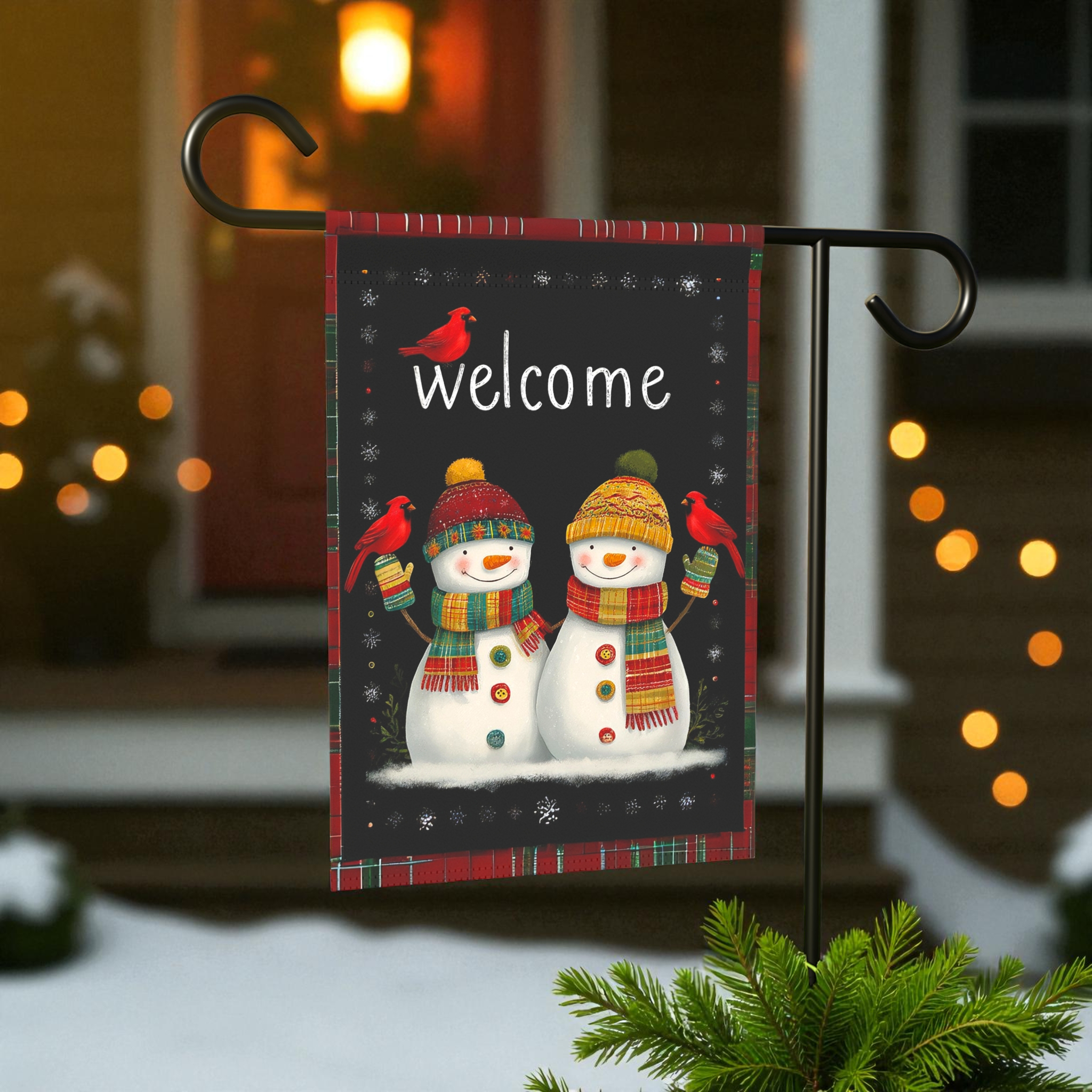 Two Snowman Winter Welcome Garden Flag - front view - Dragonfire Gardens