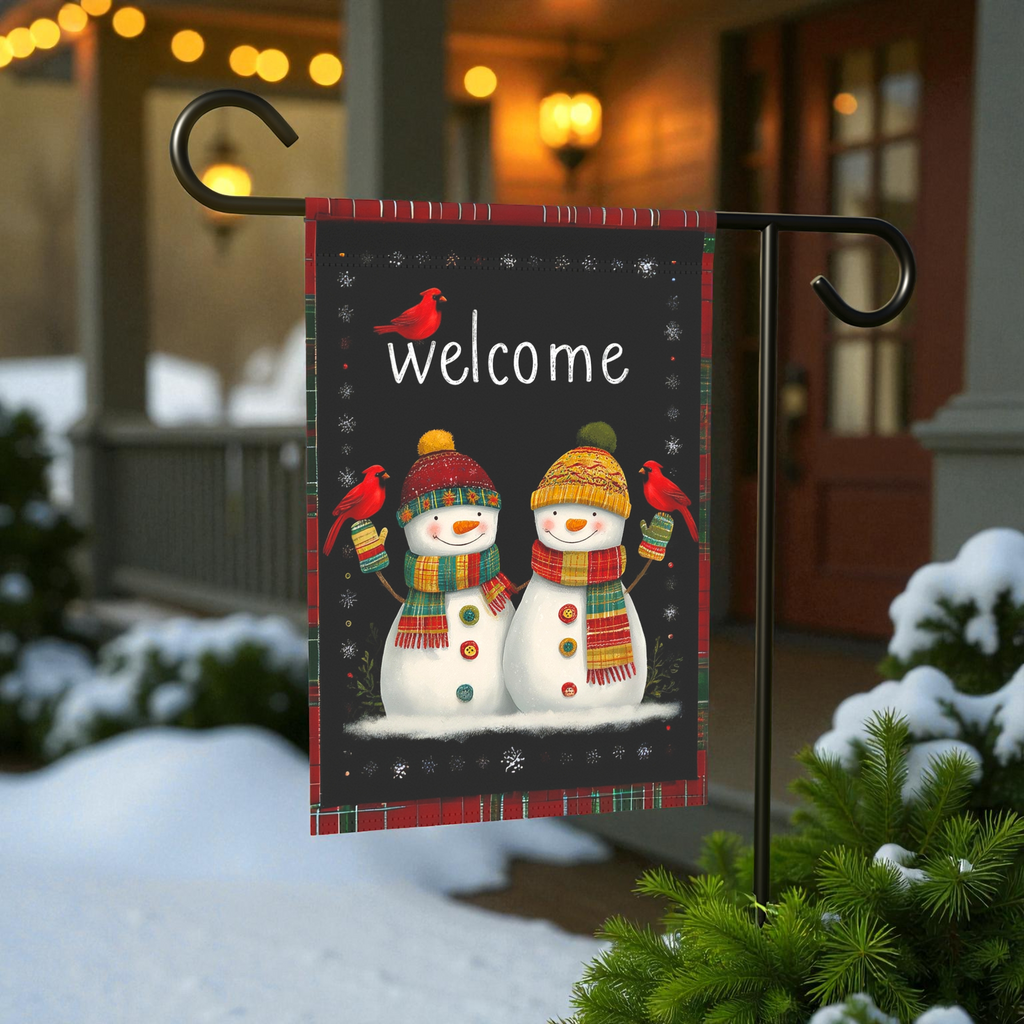 Two Snowman Winter Welcome Garden Flag - lifestyle display - Dragonfire Gardens