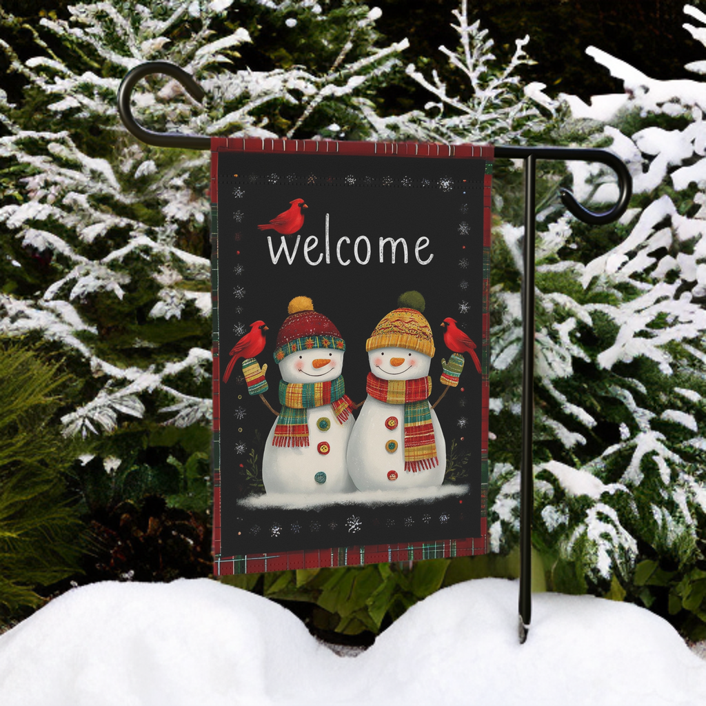Two Snowman Winter Welcome Garden Flag - size comparison - Dragonfire Gardens