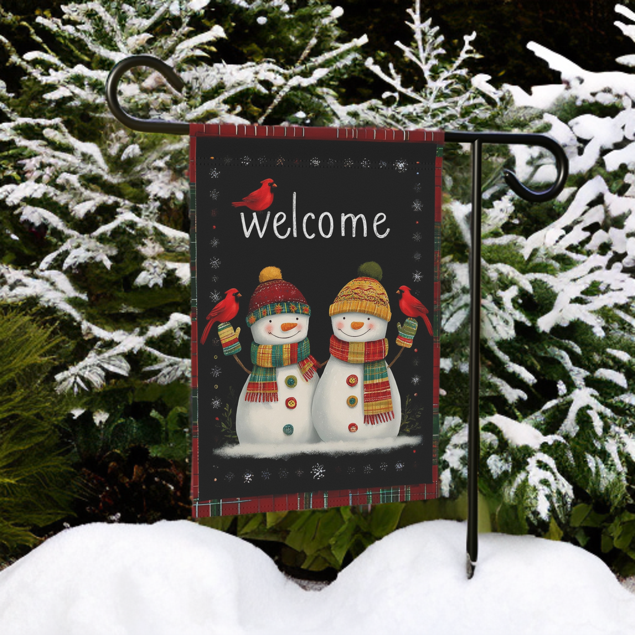 Two Snowman Winter Welcome Garden Flag - size comparison - Dragonfire Gardens