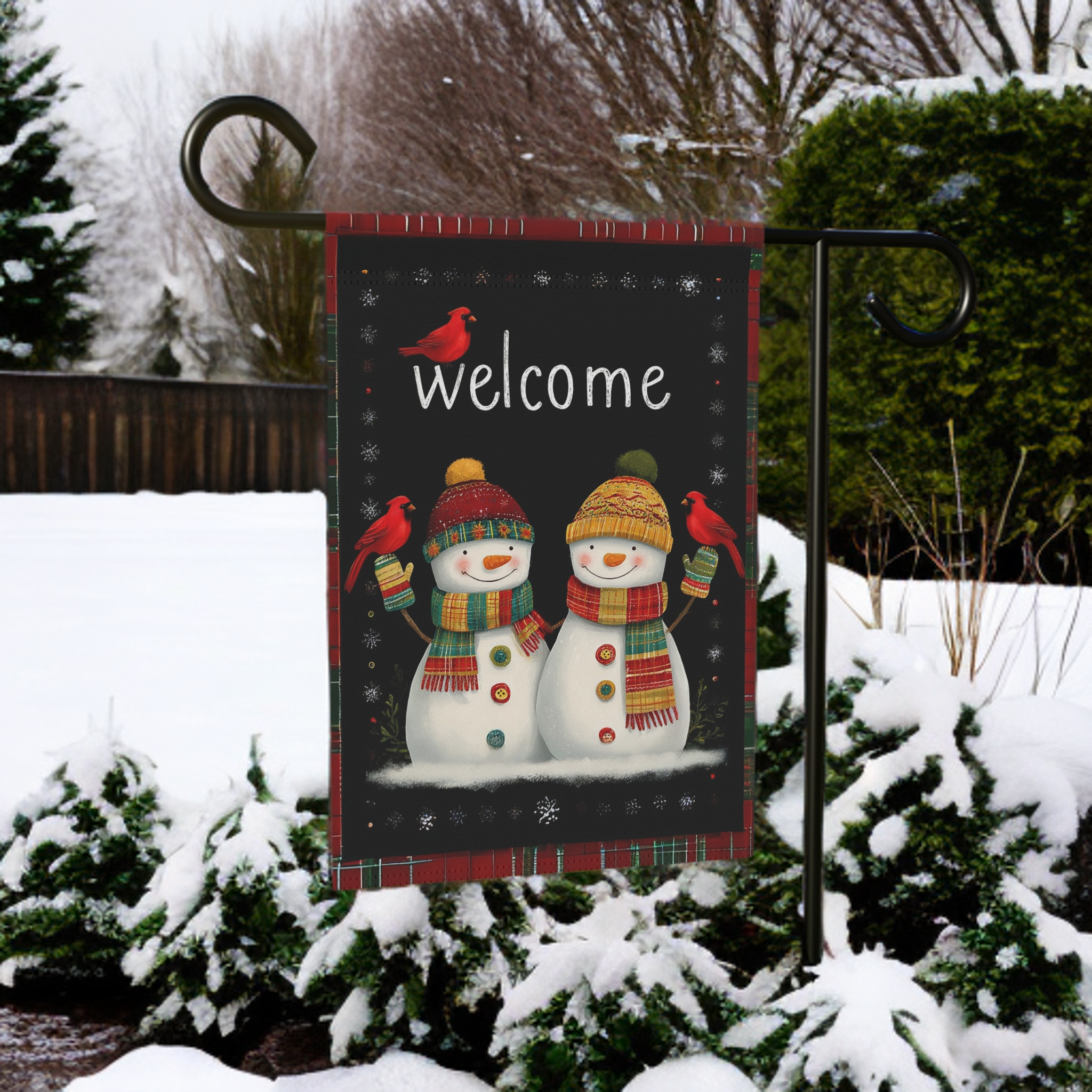 Two Snowman Winter Welcome Garden Flag - product detail - Dragonfire Gardens