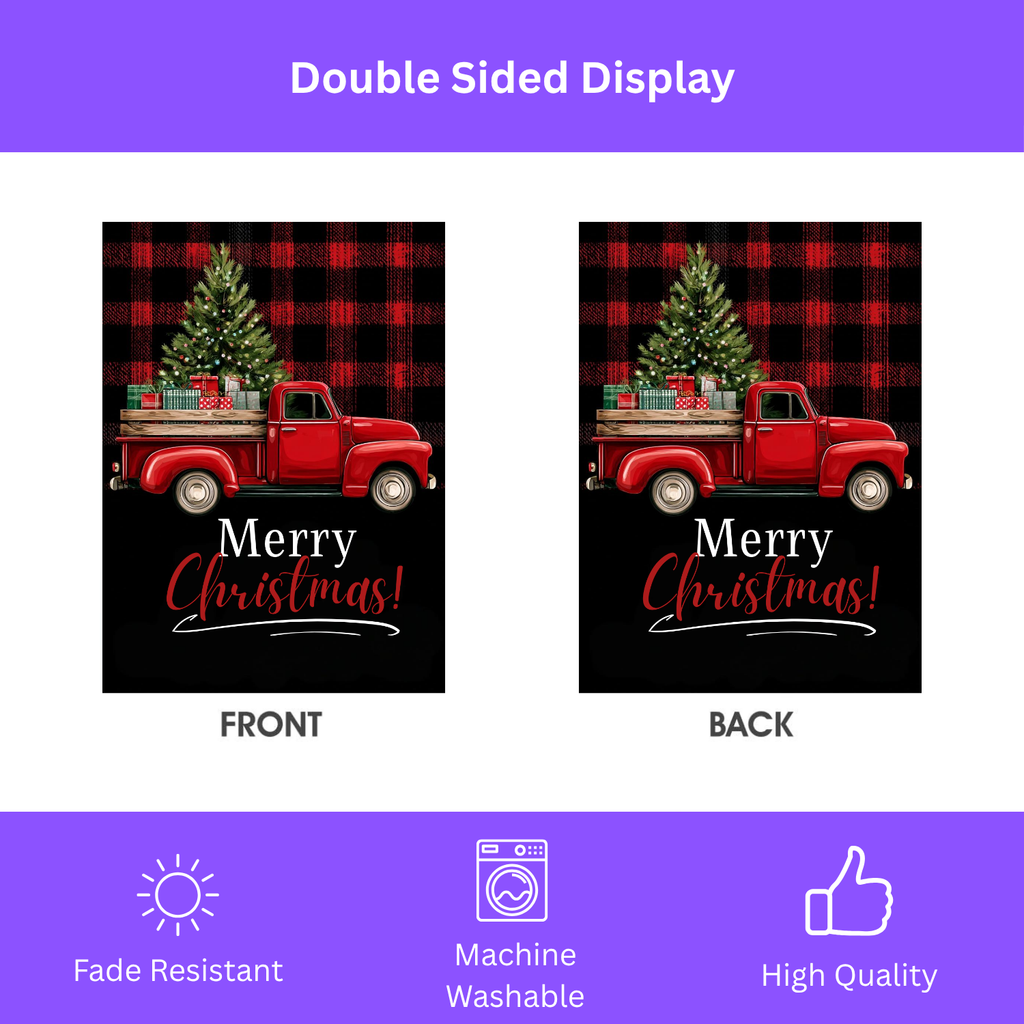 Red Vintage Truck Merry Christmas Garden Flag - double-sided design - Dragonfire Gardens