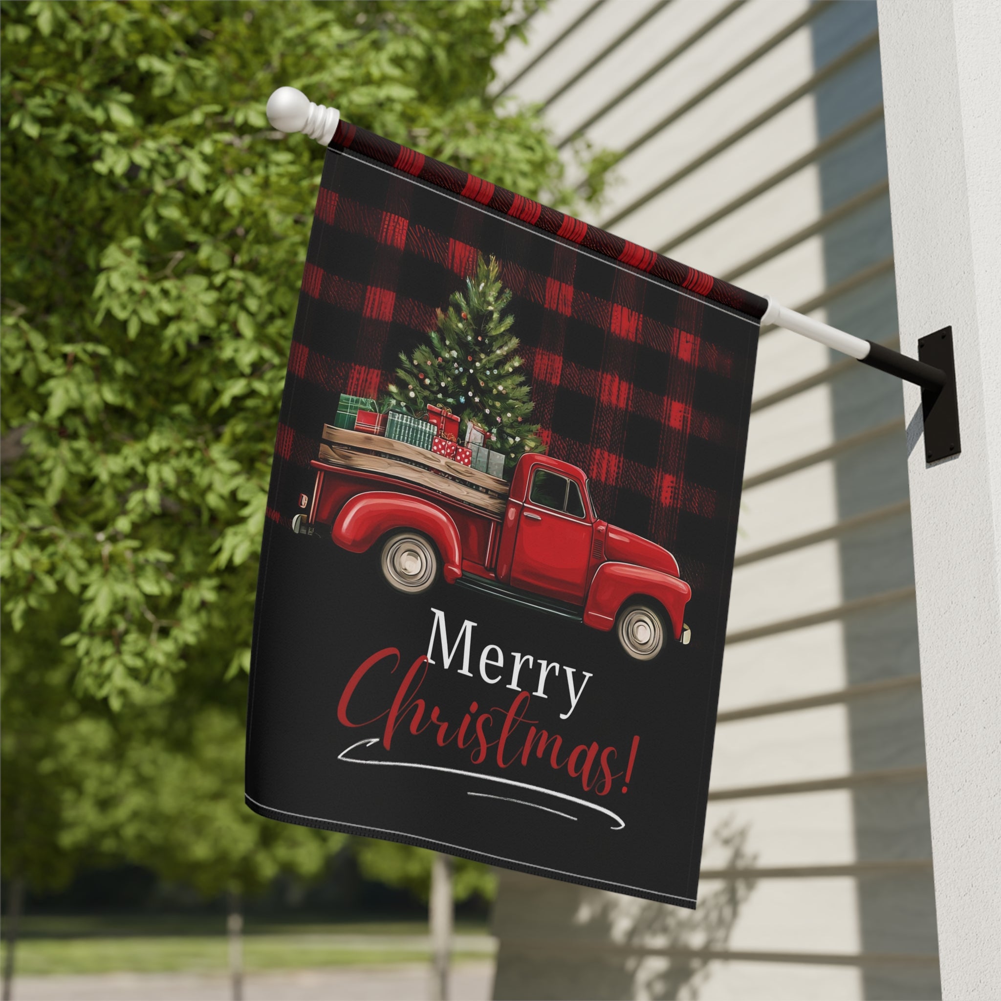 Red Vintage Truck Merry Christmas Garden Flag - close-up detail - Dragonfire Gardens