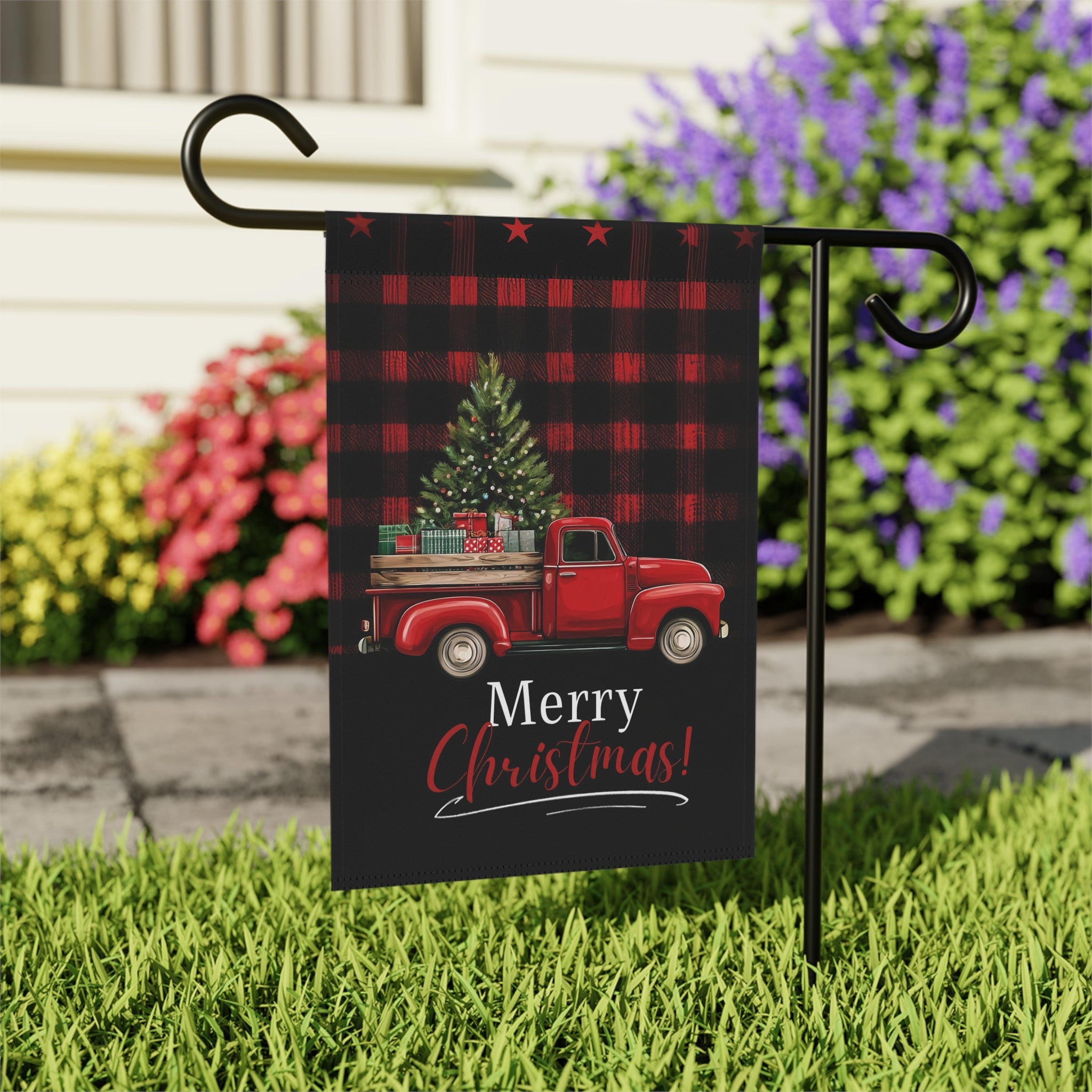 Red Vintage Truck Merry Christmas Garden Flag - outdoor display - Dragonfire Gardens