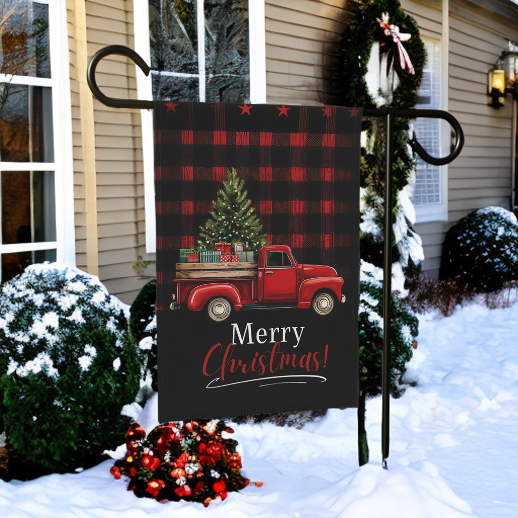 Red Vintage Truck Merry Christmas Garden Flag - size comparison - Dragonfire Gardens