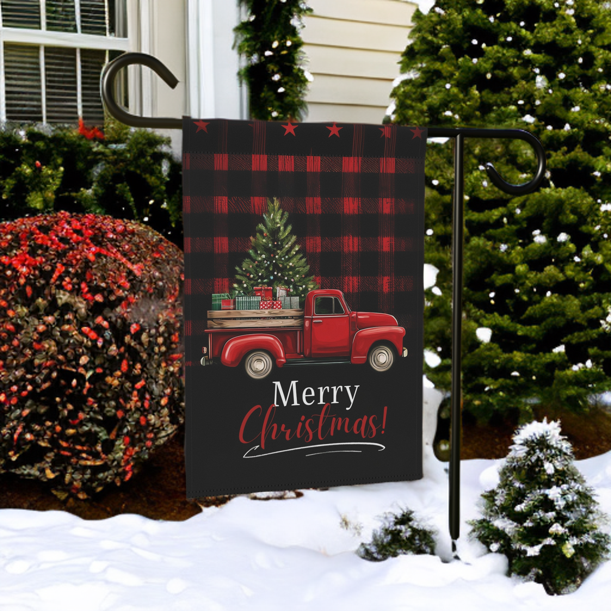 Red Vintage Truck Merry Christmas Garden Flag - front view - Dragonfire Gardens