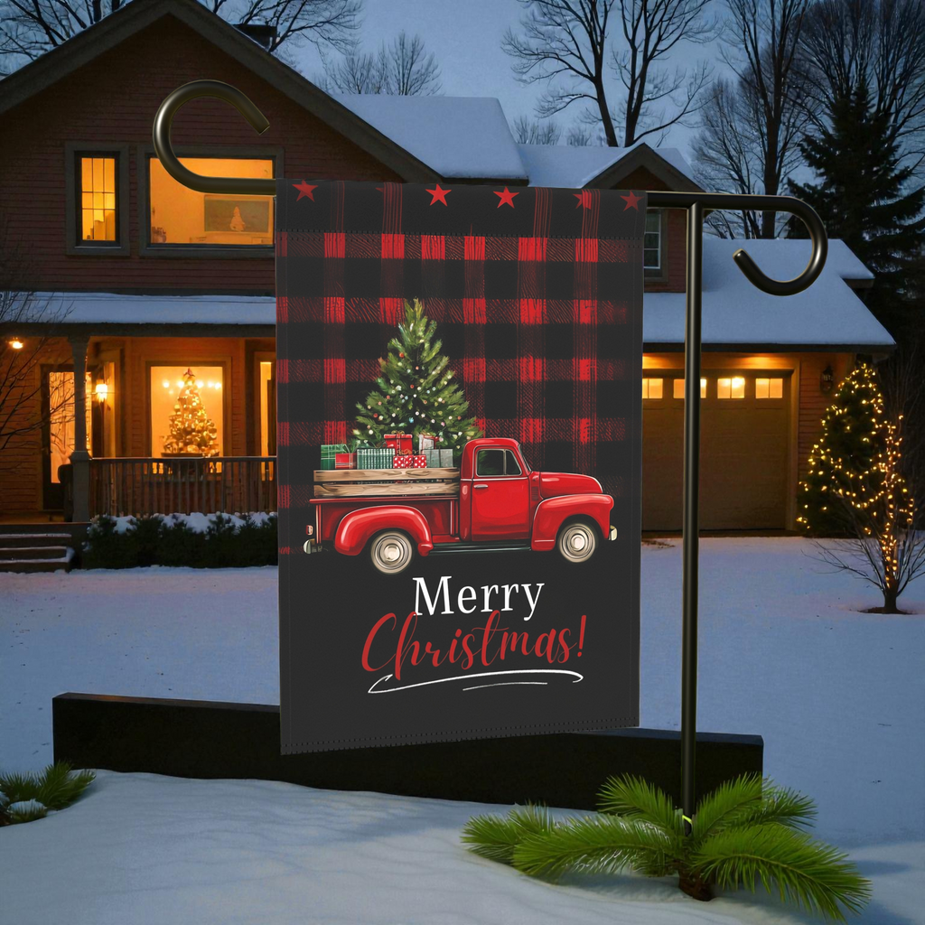 Red Vintage Truck Merry Christmas Garden Flag - lifestyle display - Dragonfire Gardens