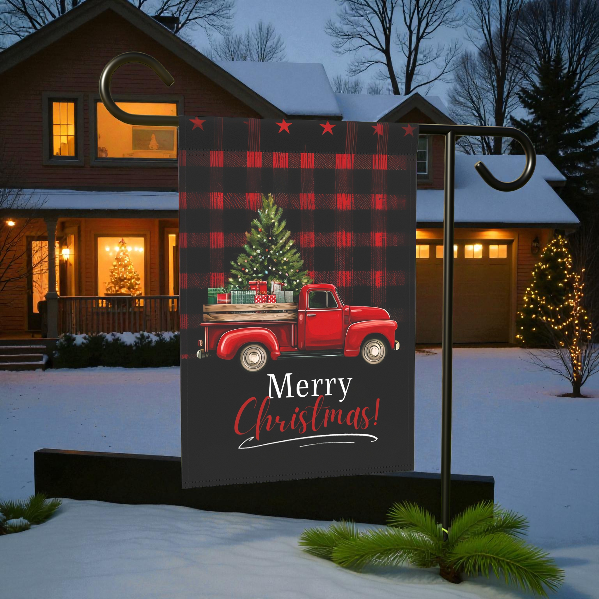 Red Vintage Truck Merry Christmas Garden Flag - lifestyle display - Dragonfire Gardens