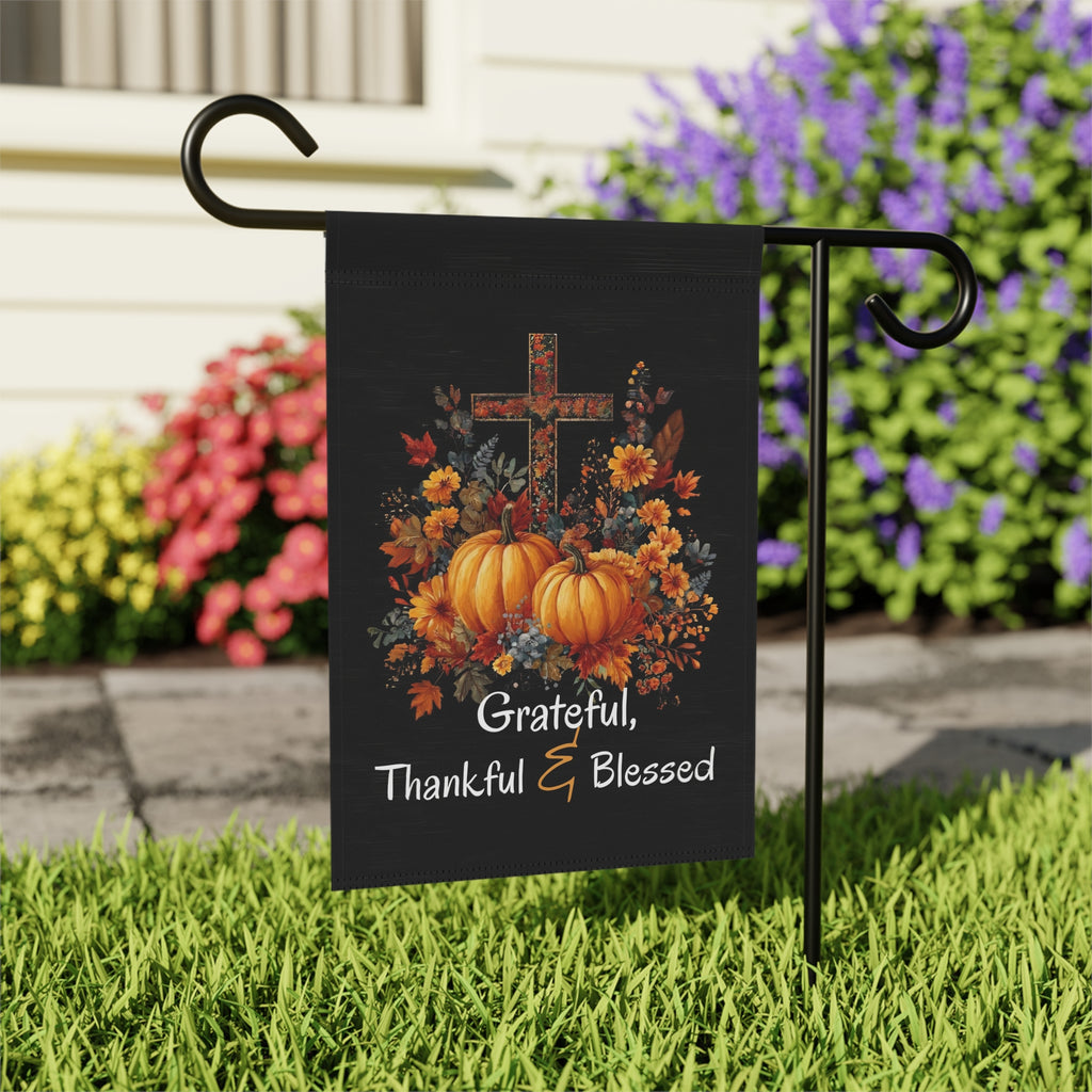 Grateful, Thankful, and Blessed Thanksgiving Garden Flag - outdoor display - Dragonfire Gardens
